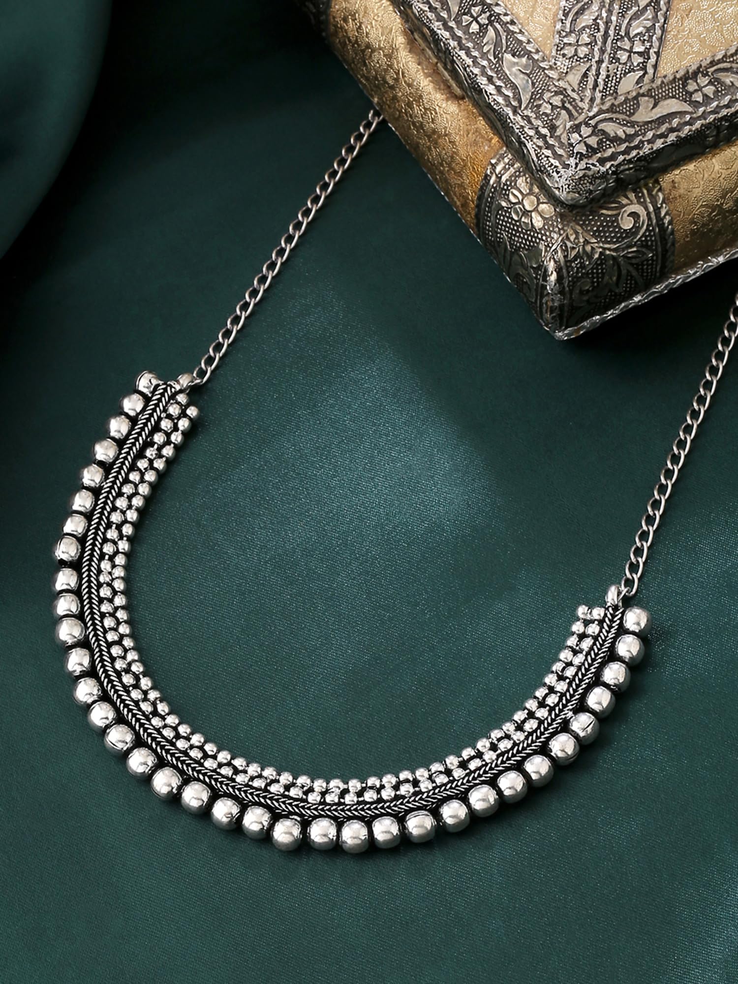 Adjustable Silver Oxidized Beaded Choker Necklace for Women & Girls - Yellow Chimes Pendant, Boho Fashion Jewelry - Perfect for Parties, Weddings & Everyday Wear