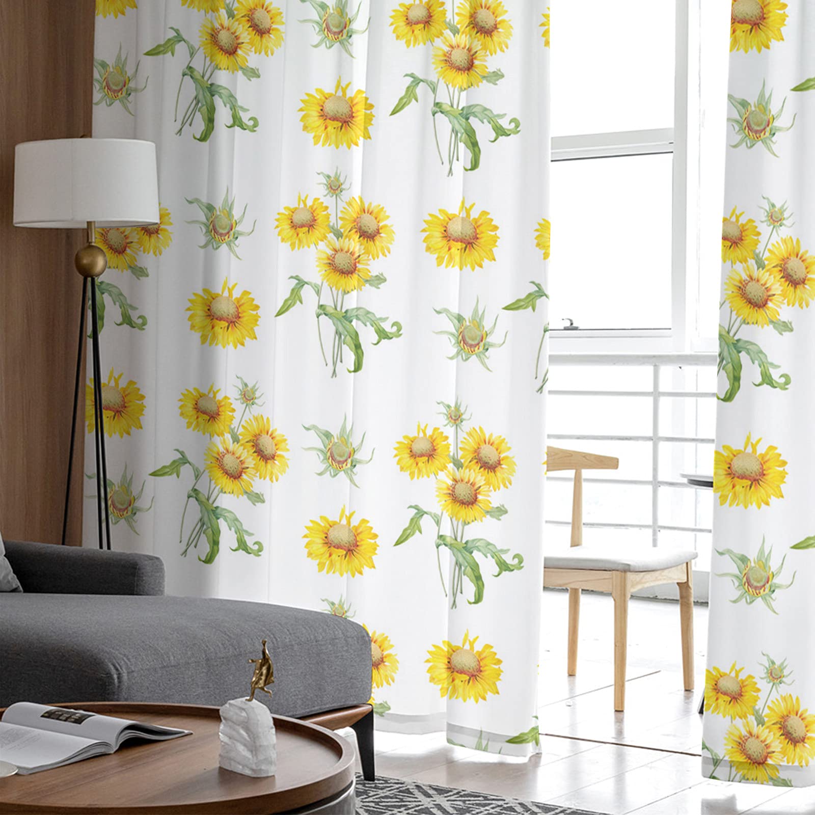 Sunflower Sheer Curtains 63 Inch Length - 2 Panel Set with Rod Pocket | Yellow Floral Voile Window Drapes for Kitchen, Bedroom & Living Room | Farmhouse Decor, Spring & Summer Home Styling