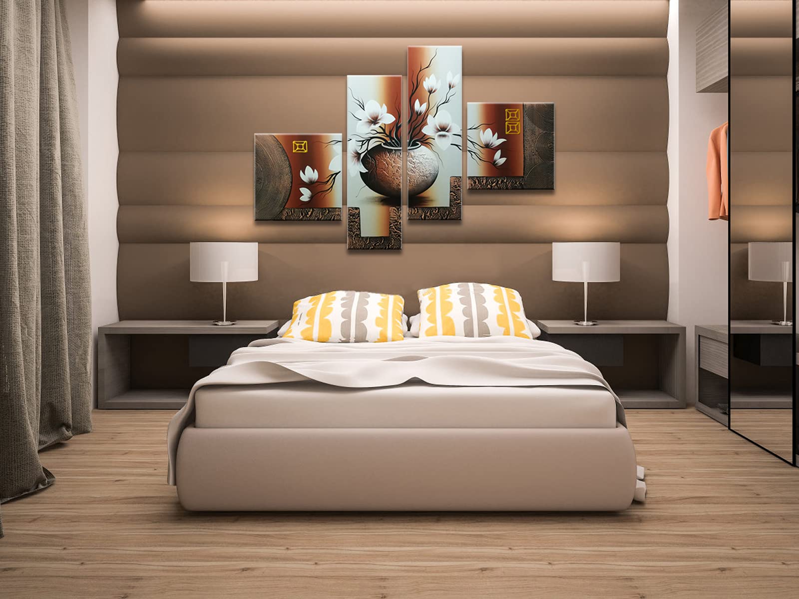 Wieco Art Large 4-Panel Hand-Painted Floral Canvas Wall Art - Modern Oil Painting for Living Room, Bedroom & Office Decor - Framed Stretched Elegant Flower Painting (XL Size)