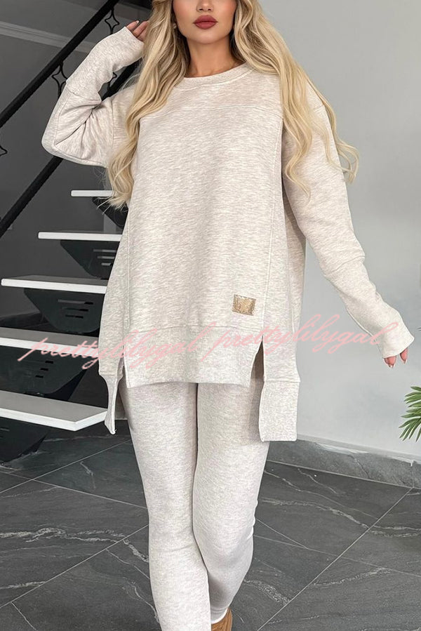 Solid Color Crew Neck Long Sleeve Top & Stretchy Casual Pants Set - Women's Comfortable Lounge Wear for Home, Yoga & Everyday Outfits