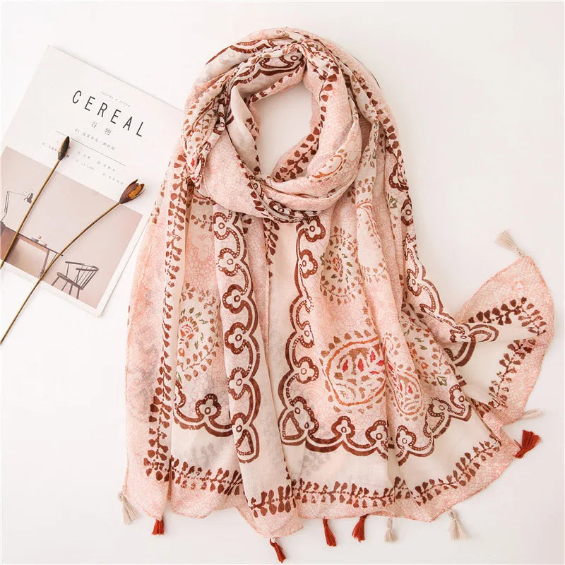 2023 Fashion Paisley Abstract Floral Tassel Viscose Shawl Scarf - Women's Lightweight Pashmina Wrap Stole & Muslim Hijab (180x90cm) - Perfect for Daily Wear, Office, Parties & Prayer