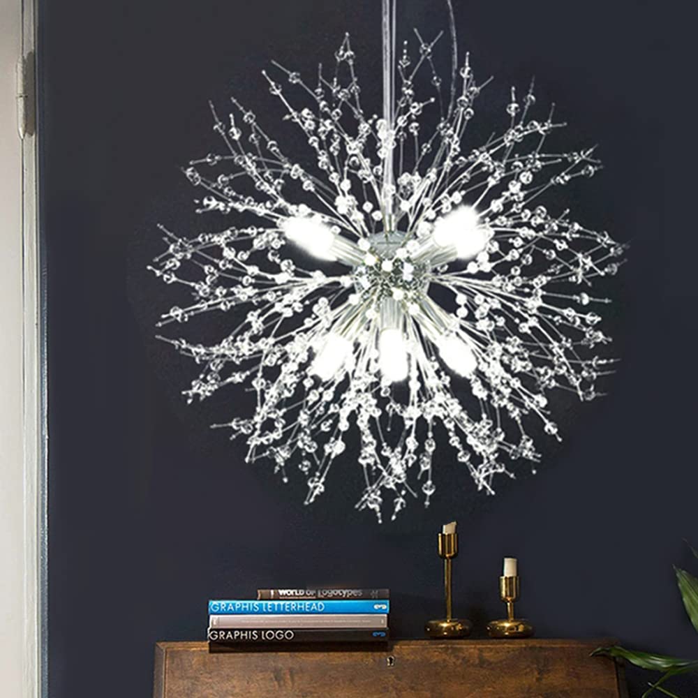 Modern Firework Chrome Crystal Chandelier - Sputnik Dandelion Pendant Lighting Fixture for Bedroom, Foyer, Hallway, Entryway, Kitchen & Dining Room - 8-Light Elegant Ceiling Lamp (Perfect for Home Decor, Wedding Venues and Luxury Interior Lighting)