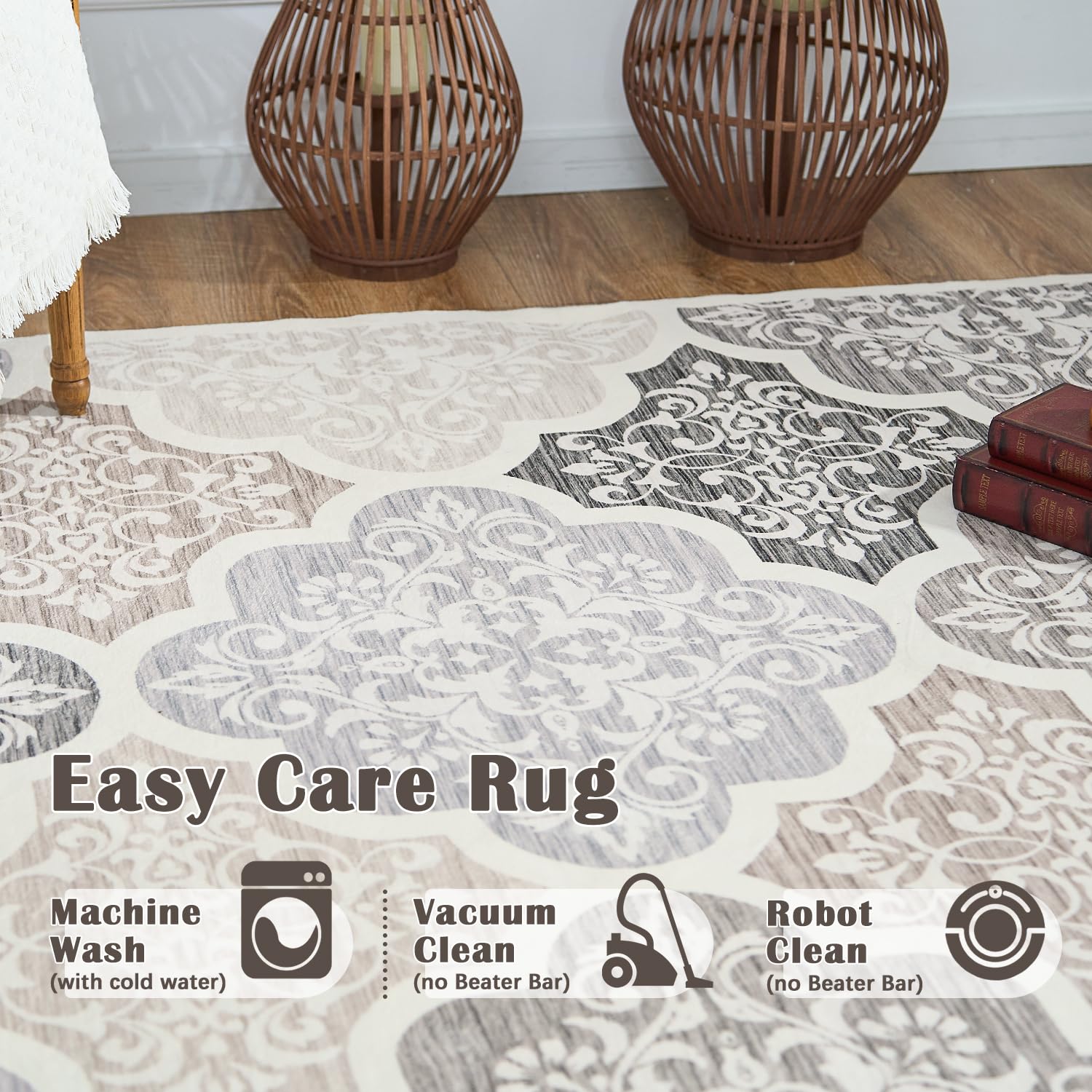 Jinchan Washable Non-Slip Kitchen Runner Rug 2x10 Feet - Moroccan Floral Lattice Design Thin Carpet for Hallway, Bedroom, Bathroom, Laundry & Living Room - Grey Home Decor Accent for High Traffic Areas