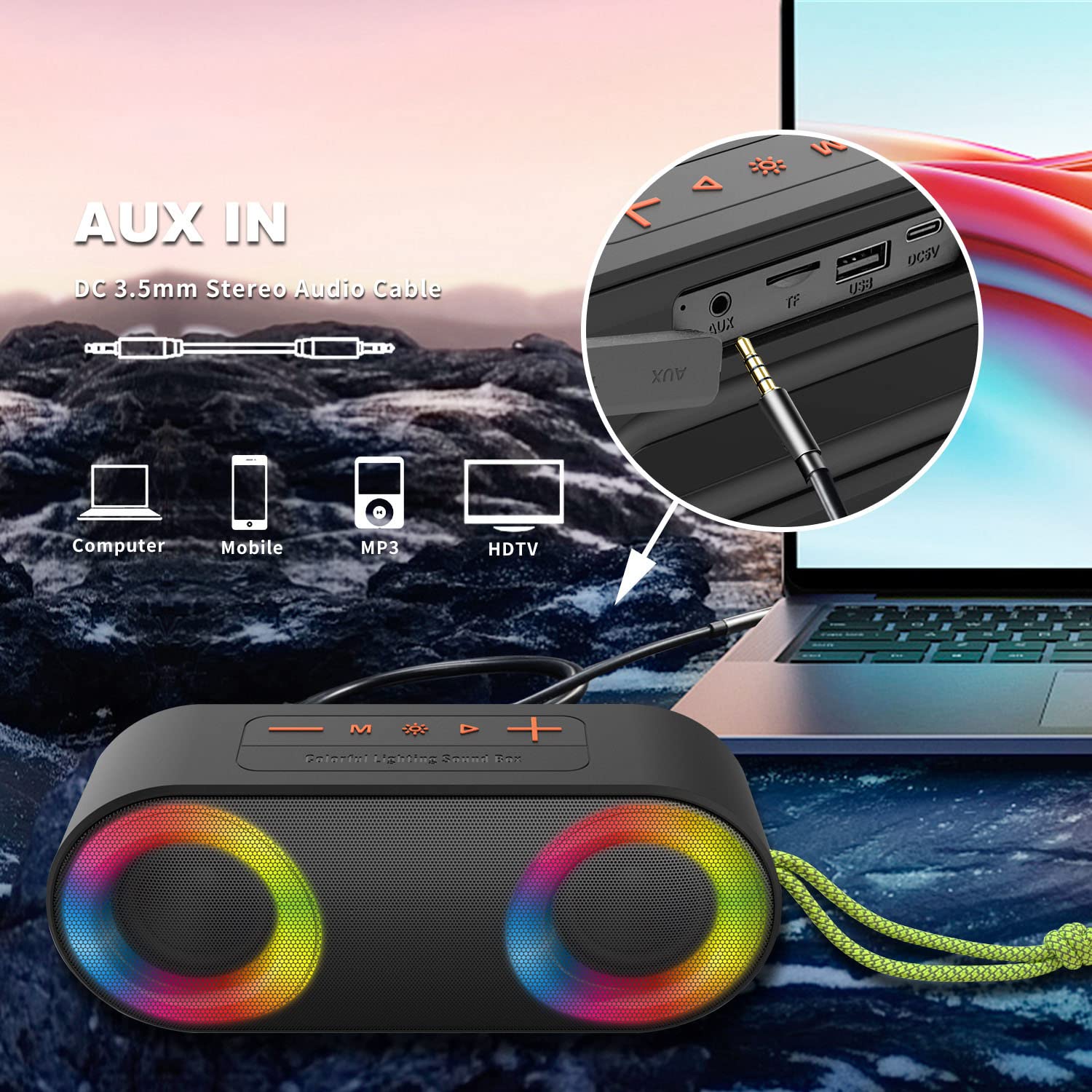 TOMPROAD Waterproof Bluetooth Speaker with LED Lights, Wireless Stereo Sound, Rich Bass, FM Radio & RGB Lights - Perfect for Shower, Travel, Camping, Pool Party & Home Use