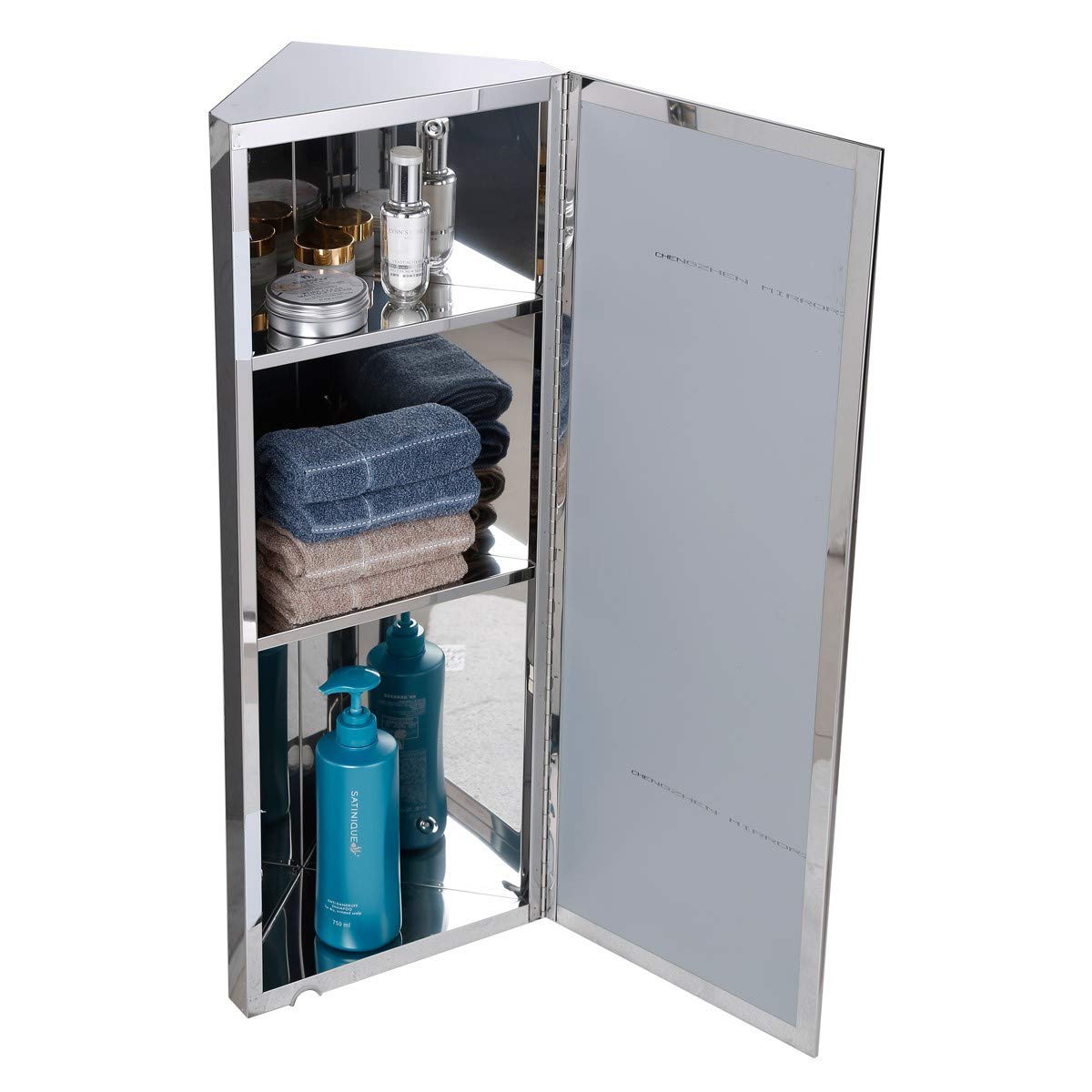 Renovators Supply Infinity Corner Medicine Cabinet with Mirror - Triple Shelf Storage, Modern Wall Mount Bathroom Cabinet - 31.5 Inch Left Open, Brushed Stainless Steel (Pack of 1) - Perfect for Small Bathrooms, Vanity Storage & Space-Saving Organization