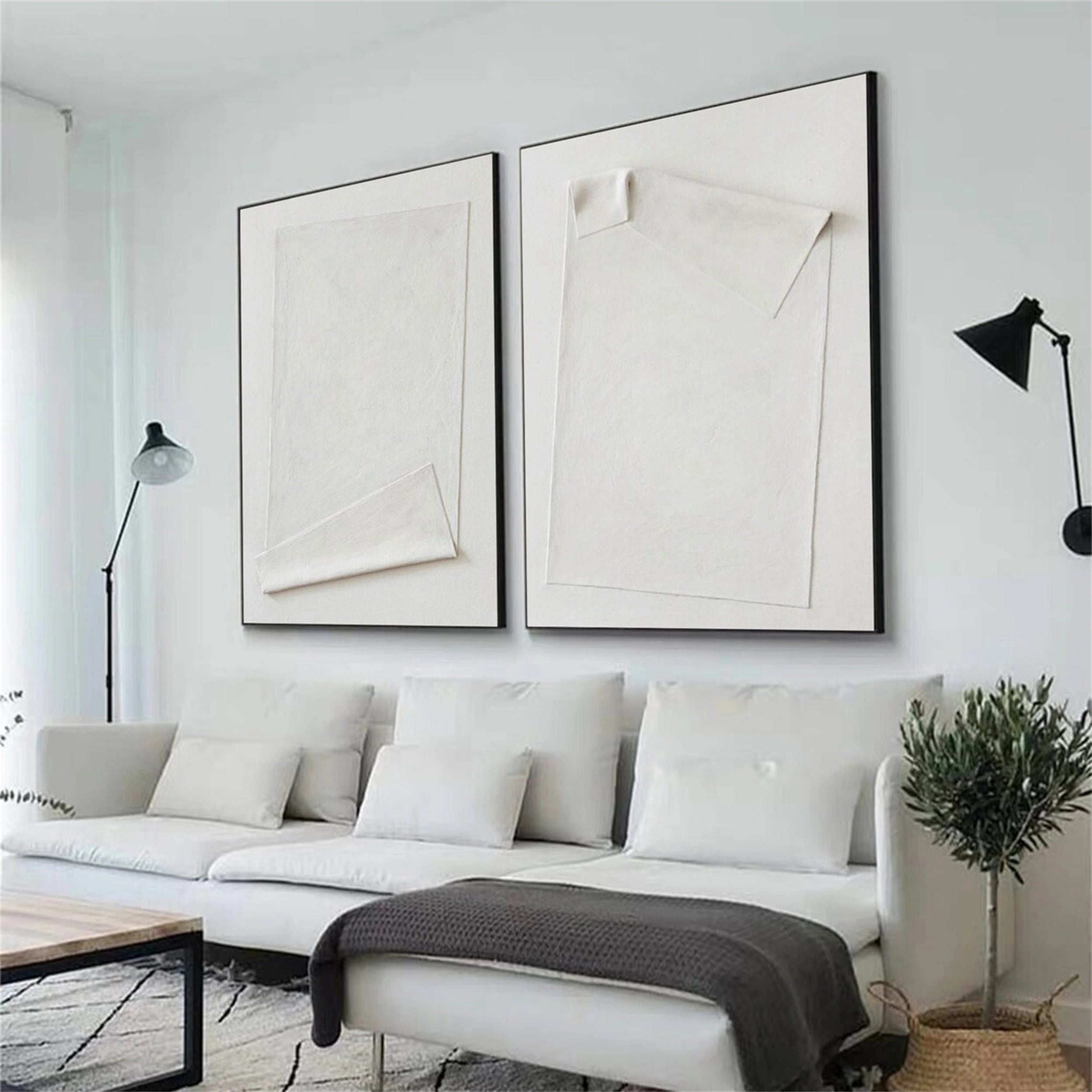 Minimalist White Textured Canvas Paintings Set of 2 - Modern Abstract Wall Art for Living Room & Bedroom Decor #MM145