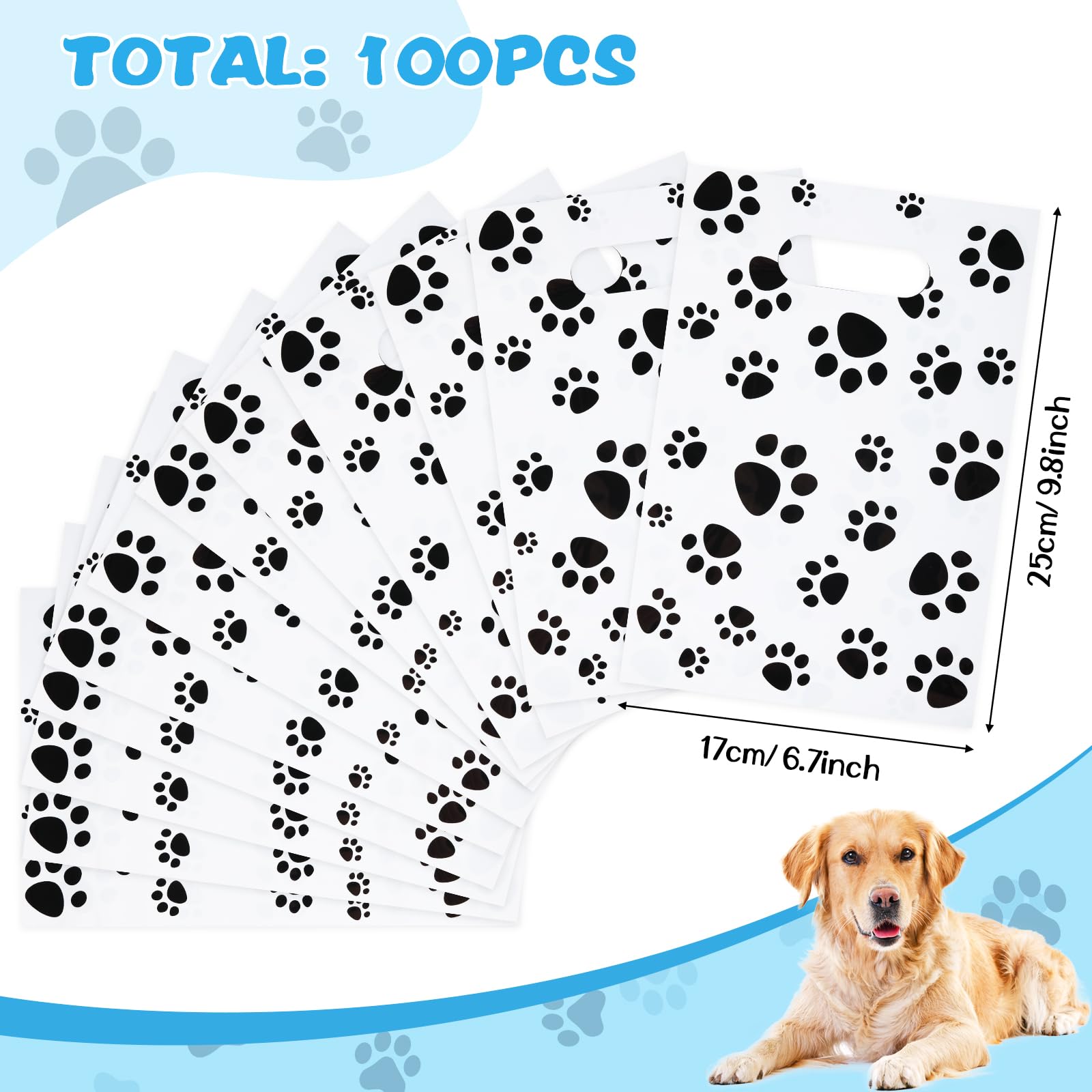 Pasimy 100 Pcs Dog Paw Print Plastic Treat Bags with Handle - Bulk Pet Party Favor Candy Goodie Bags for Dog Birthday, Puppy Shower & Holiday Celebrations (White & Black) - Perfect for Dog Treats, Party Decorations & Gift Giving