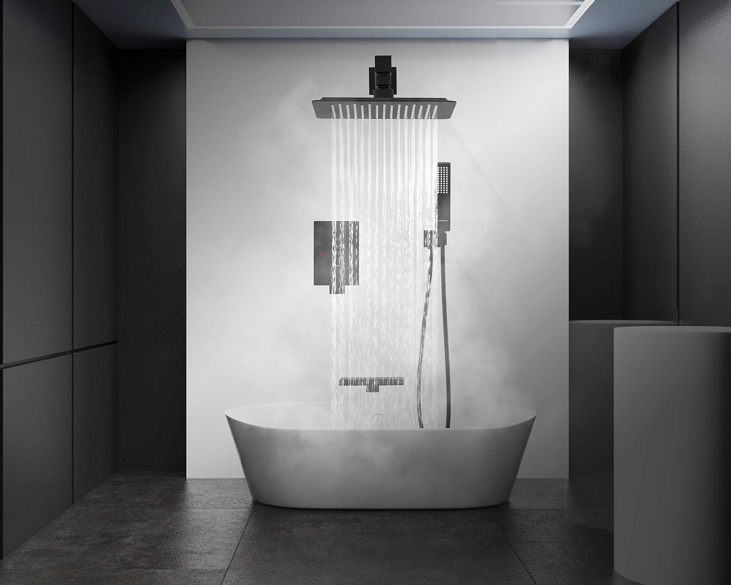EMBATHER 12 Inch Matte Black Shower System with Tub Spout - Wall Mounted Rainfall Shower Head & Handheld Sprayer, Complete Shower Valve & Trim Kit for Bathroom Renovation | Perfect for Master Bath, Guest Bath & Spa-Like Shower Experience