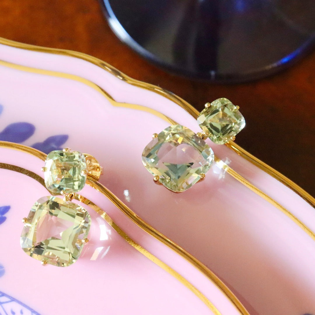Goshwara Prasiolite 18K Yellow Gold Double Drop Earrings for Women | Elegant Green Gemstone Dangle Earrings | Perfect for Weddings, Parties & Special Occasions