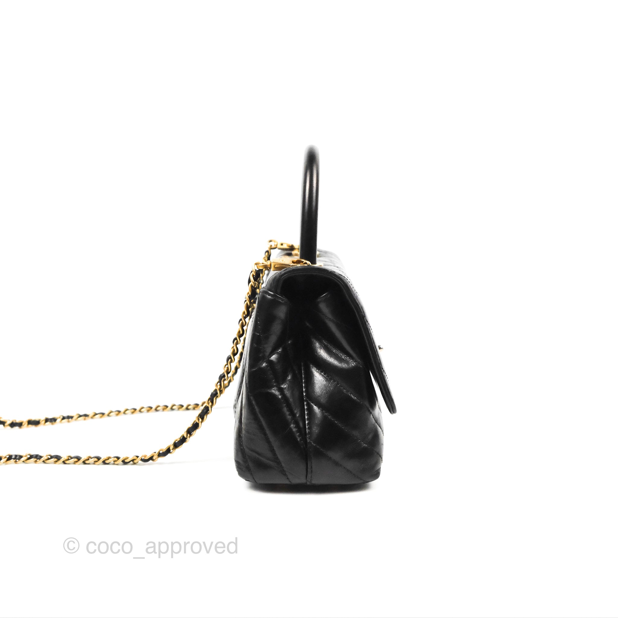 Chanel Chevron Small Coco Handle Bag - Black Shiny Aged Calfskin with Aged Gold Hardware | Luxury Crossbody Purse for Women, Perfect for Evening Parties & Date Nights
