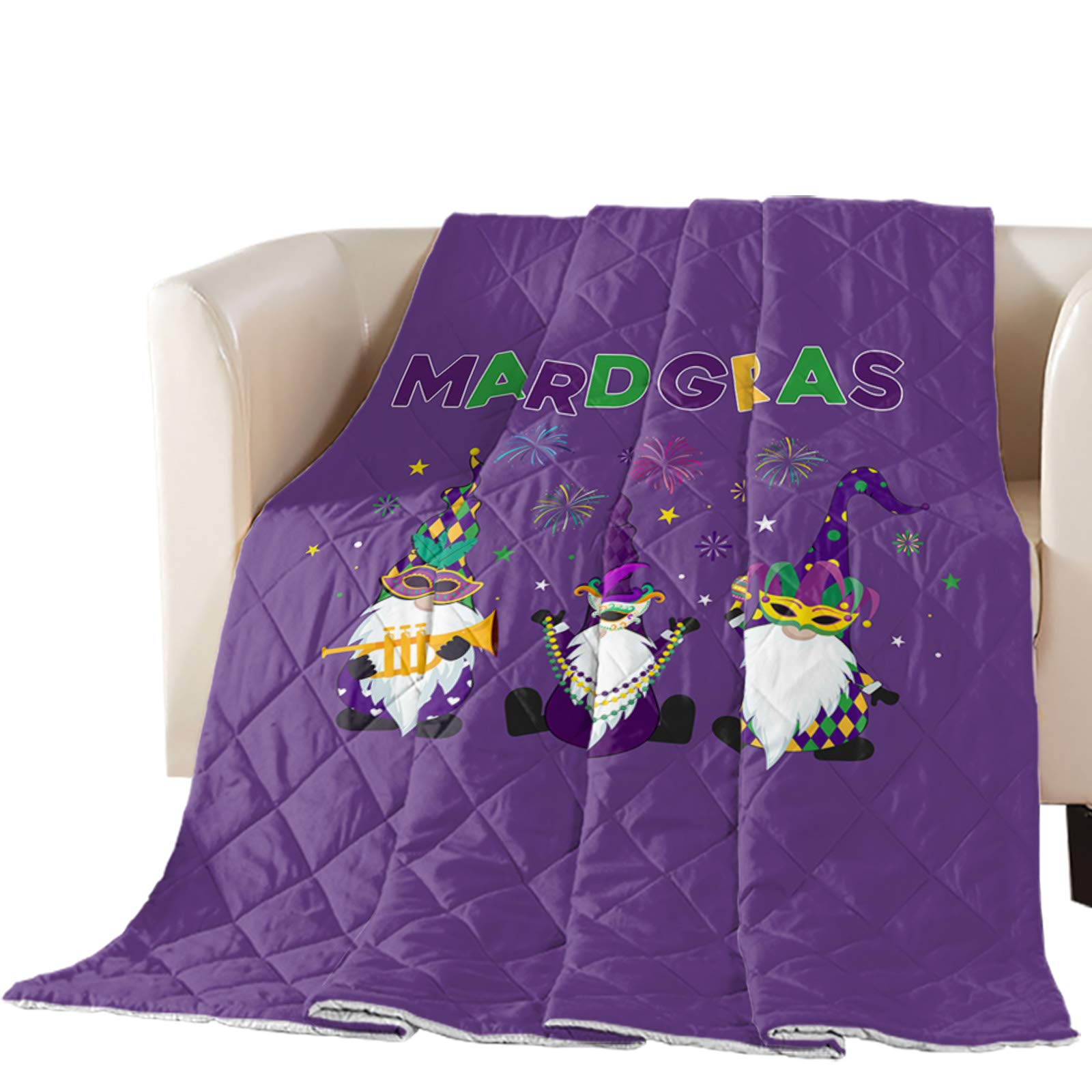 Soft Breathable Cotton Quilted Comforter - Happy Mask Gnomes Design Lightweight All-Season Bedspread | King Size Purple Throw Blanket for Bedroom, Living Room & Mardi Gras Decor