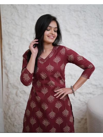 Stylish Maroon Cotton Kurti and Pant Set for Women - Comfortable & Trendy 2-Piece Outfit for Casual Wear, Parties & Festivals