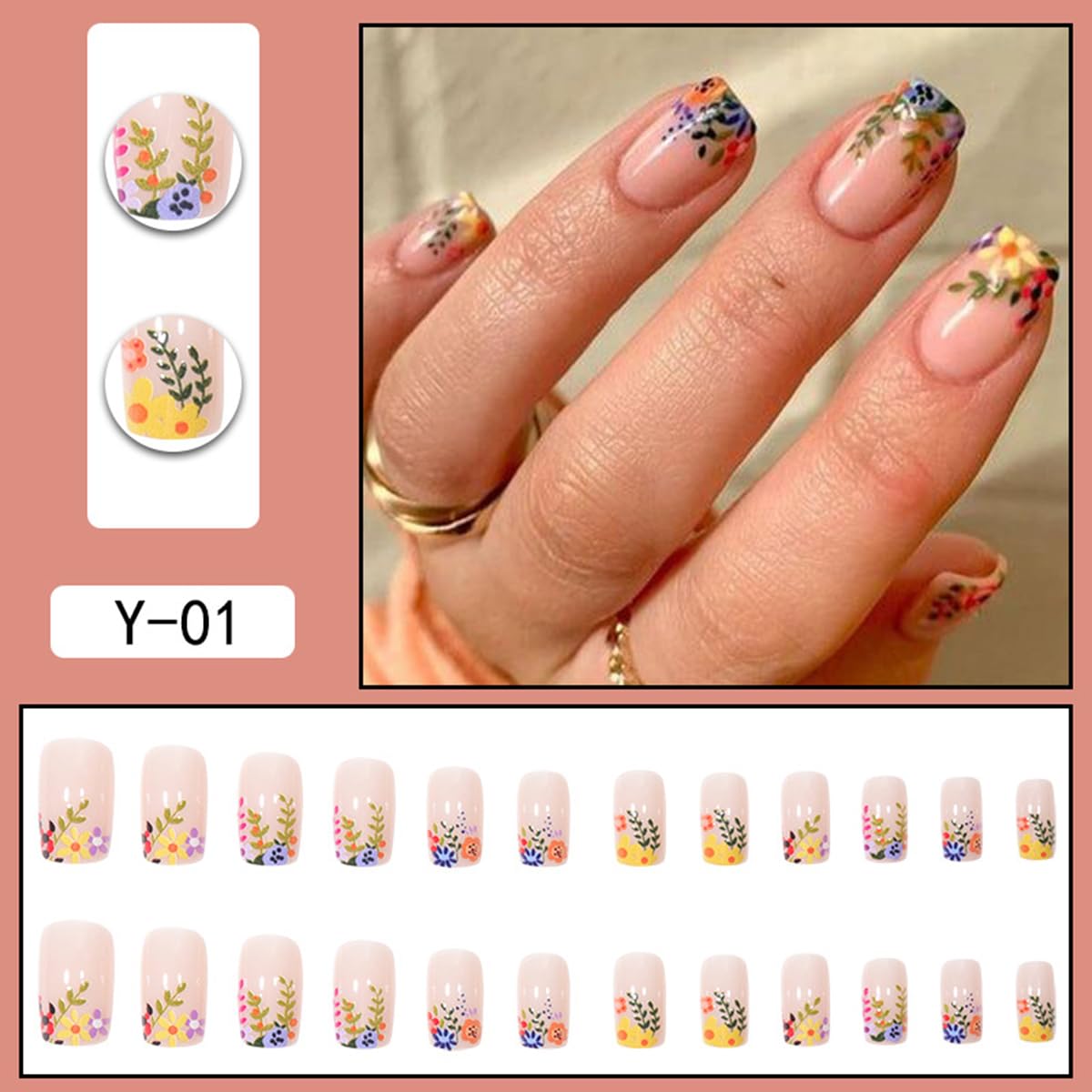 BFY Short Square Press on Nails - Yellow & Blue Floral Design with Green Leaf Accents | Glossy Acrylic Fake Nails Kit (24Pcs, 12 Sizes) | Natural Fit Manicure with Strong Glue | Perfect for Autumn, Halloween, Thanksgiving & Fall Weddings
