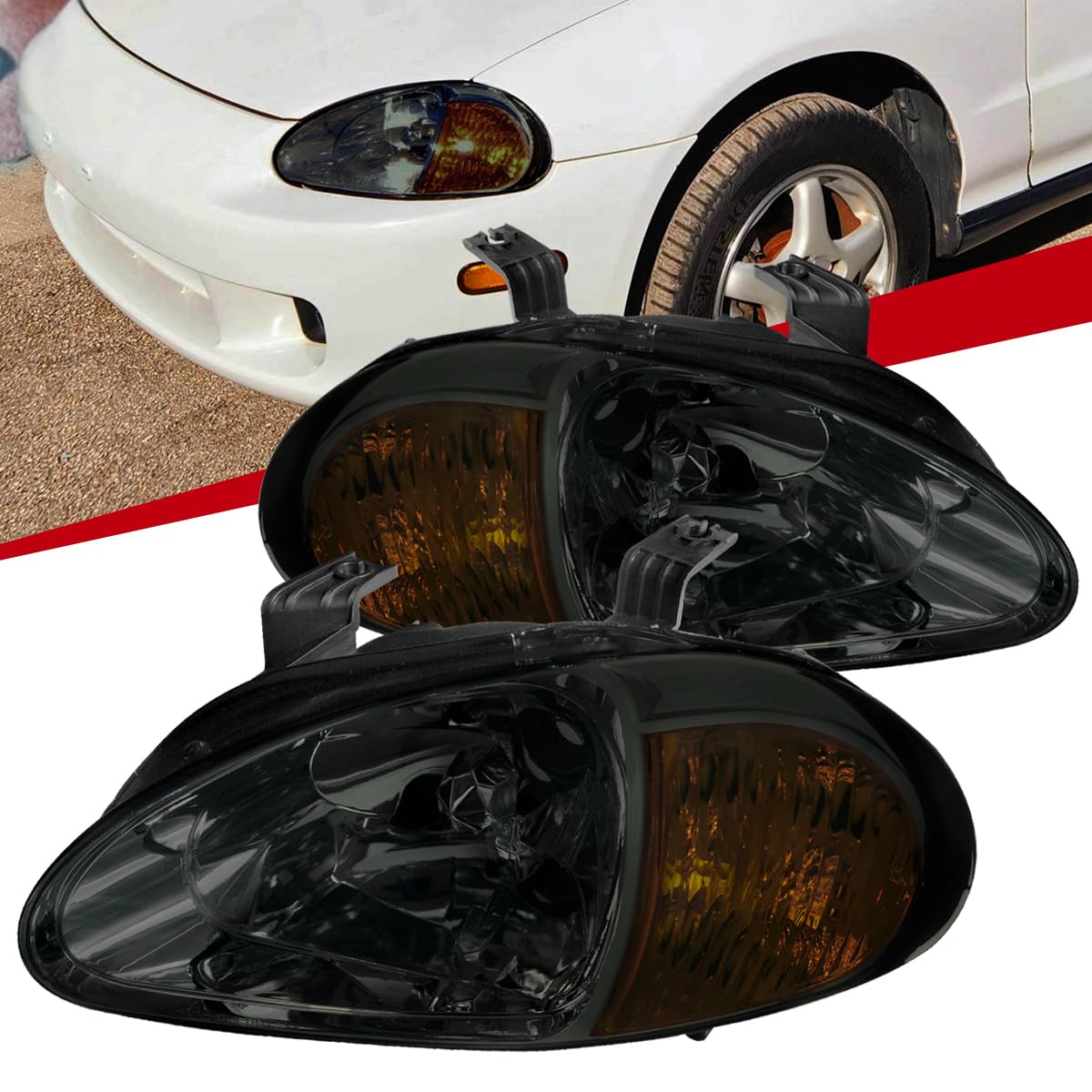 93-97 Honda Del Sol Smoke Headlights Pair - Left & Right Replacement Lamps for Enhanced Night Visibility & Style | Perfect for Upgrades, Restorations & Custom Builds