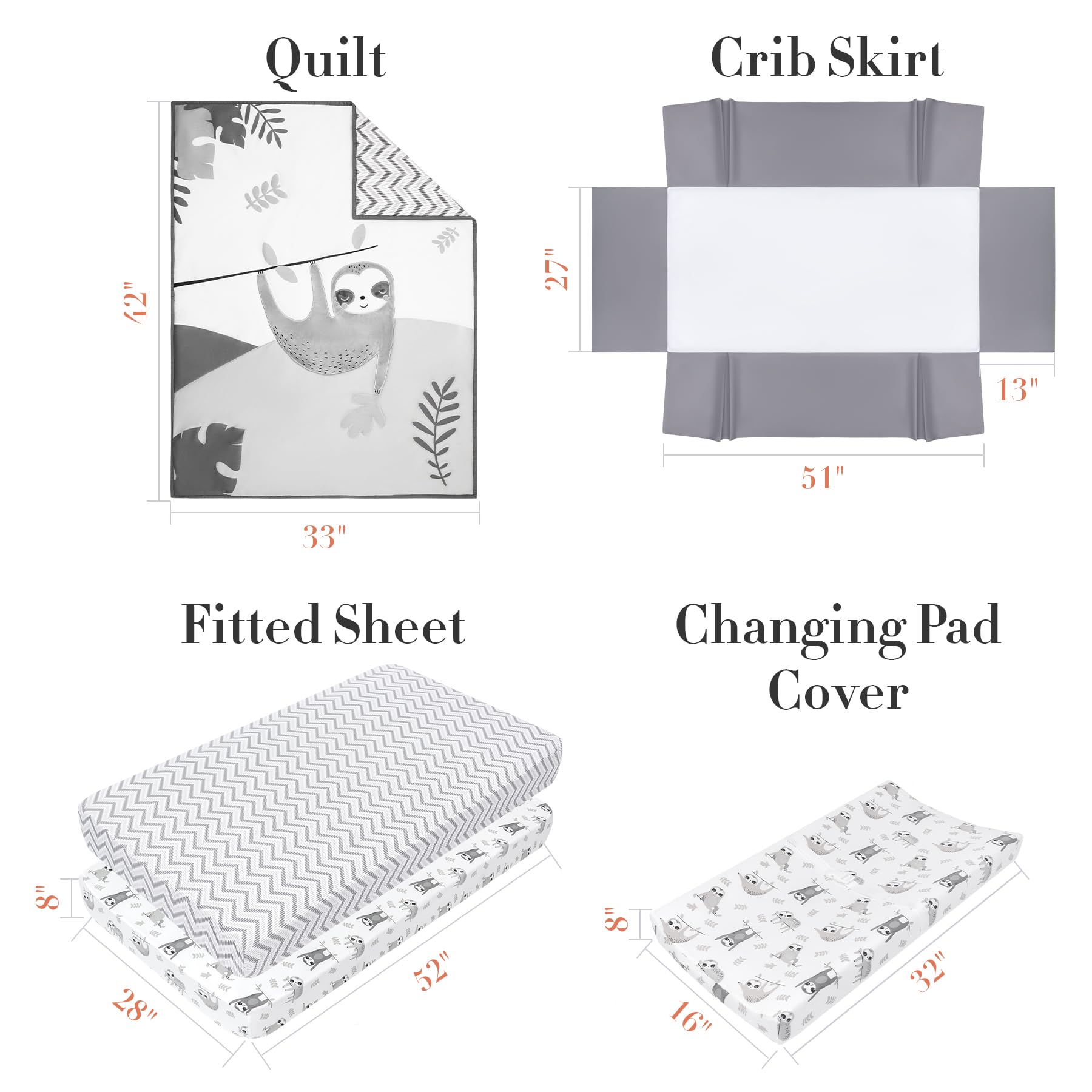 MY LITTLE ZONE 5-Piece Neutral Baby Crib Bedding Set - Soft Gray & White Sloth Nursery Collection with Comforter, Fitted Sheet, Changing Pad Cover & Crib Skirt | Cozy & Safe for Newborns, Infants & Toddlers | Perfect for Nursery Decor, Baby Shower Gifts & Gender-Neutral Themes