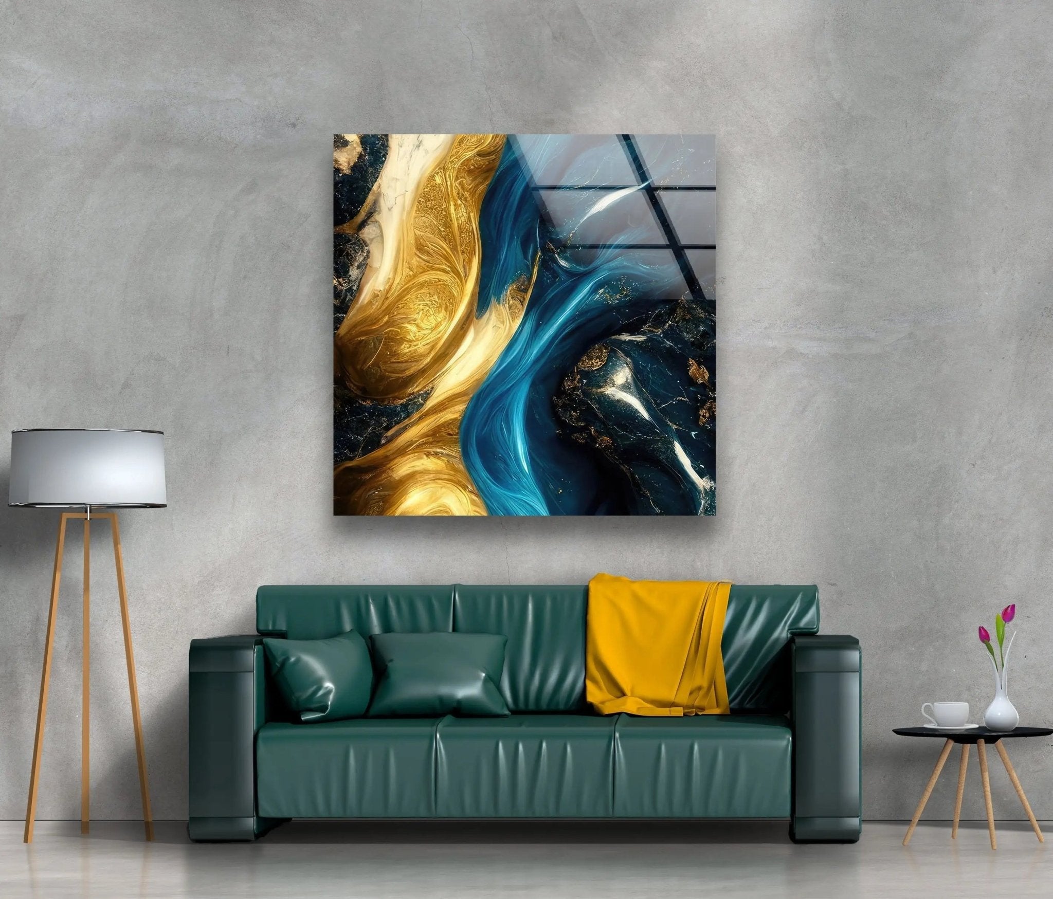 Abstract Marble Blue and Gold Glass Wall Art - Modern Home Decor for Living Room, Bedroom & Office - Elegant Handmade Glass Panel for Wall Display