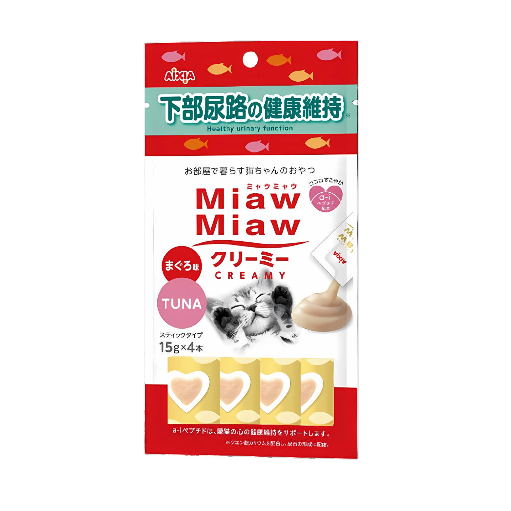 Aixia Miaw Miaw Creamy Purée Cat Treats 15g x4 Pack - Healthy & Delicious Creamy Cat Snacks for Adult & Senior Cats - Perfect for Training, Rewards or Bonding Time with Your Feline Friend