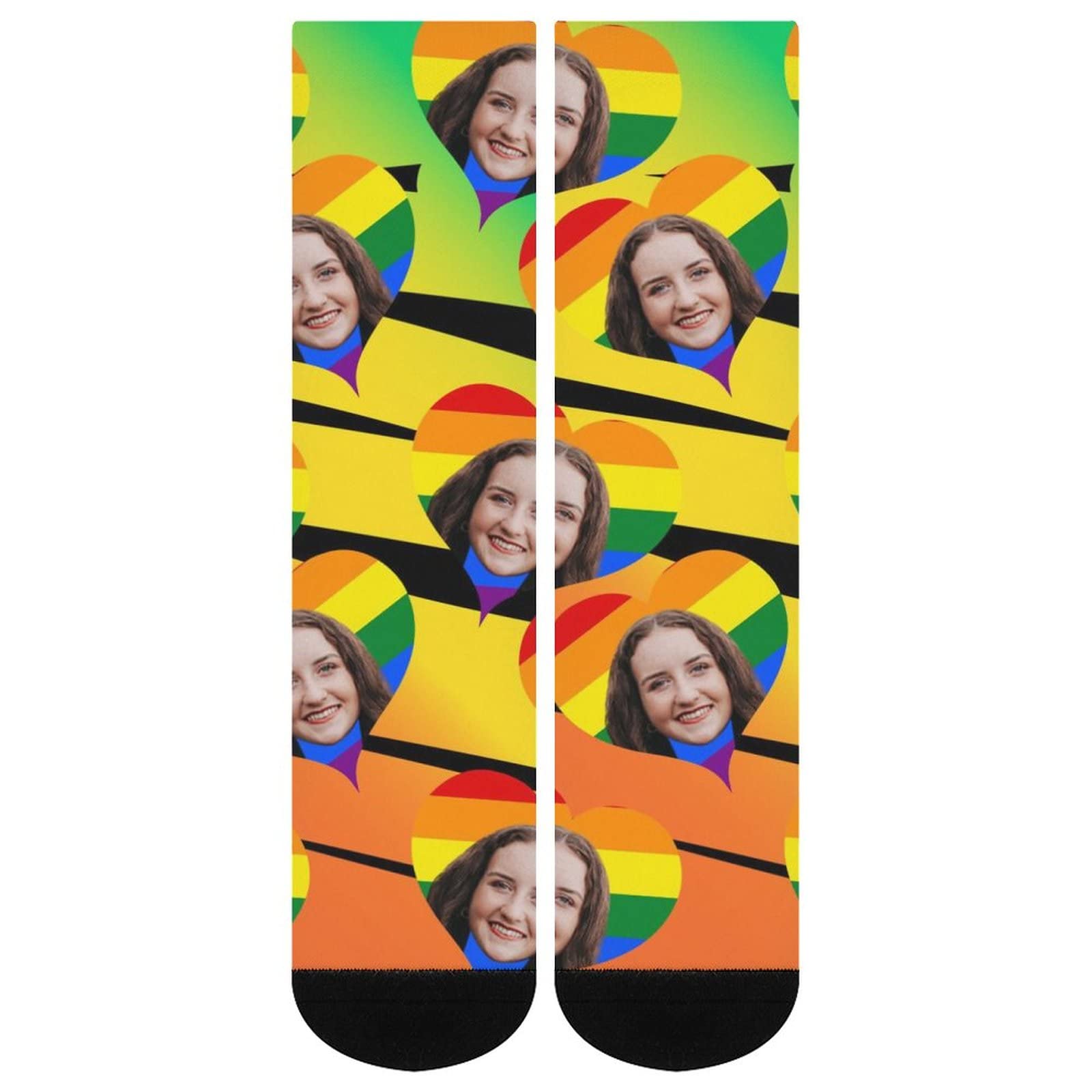 Custom Rainbow Heart Face Crew Socks - 6 Pairs Black Toe Athletic Socks for Men & Women - Moisture-Wicking, Breathable All-Season Performance Socks - Perfect for Running, Gym, Sports & Casual Wear