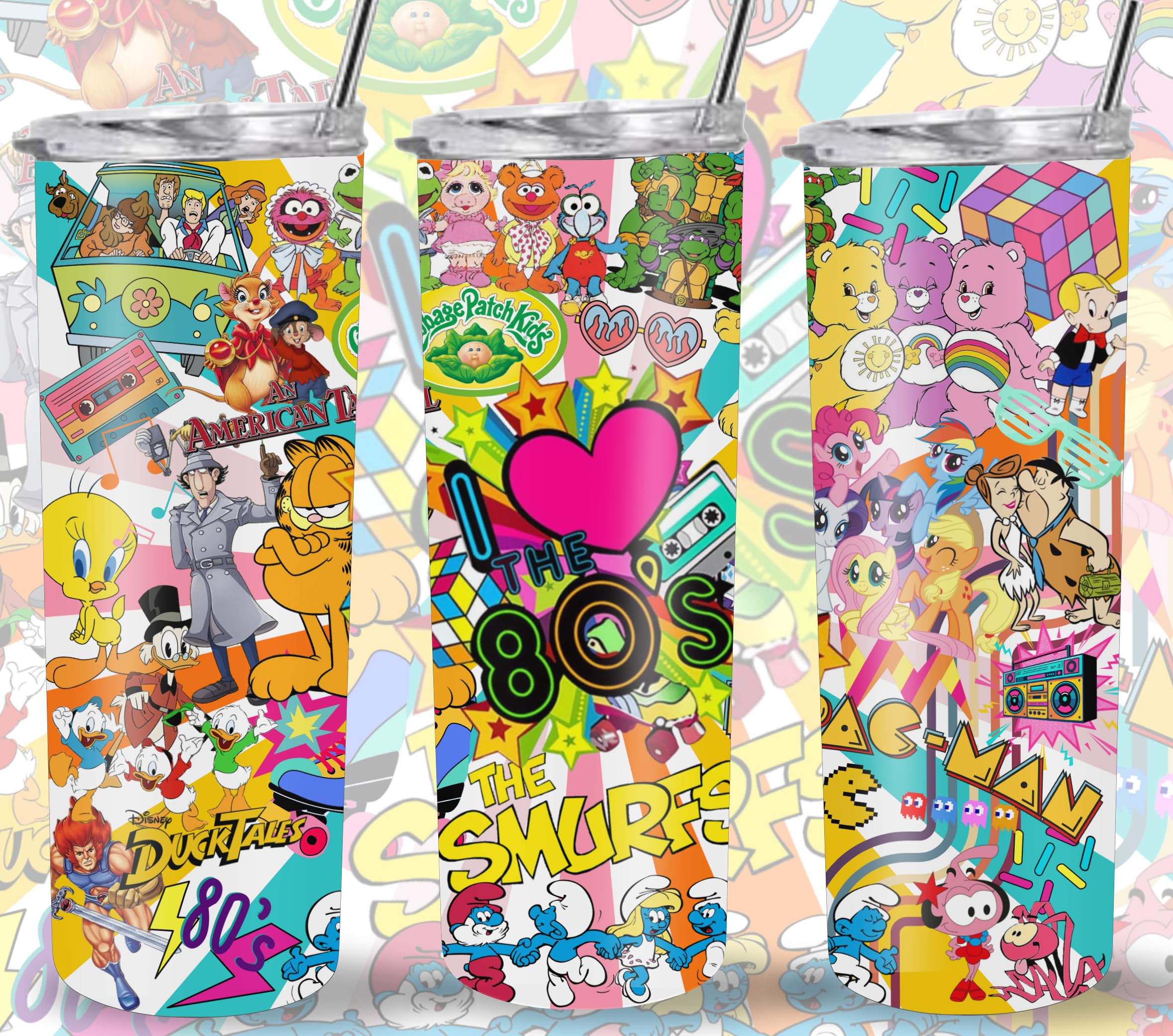 80's Retro Cartoon Tumbler - 20oz Skinny Vintage Classic Insulated Cup for Coffee & Cold Drinks - Perfect for Office, Travel & 80s Theme Parties