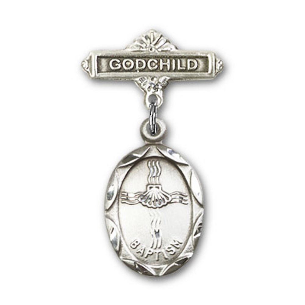 1 1/8 X 5/8 Inch Sterling Silver Baby Badge with Baptism Charm - Godchild Gift Pin for Christening, Baptism & Special Occasions