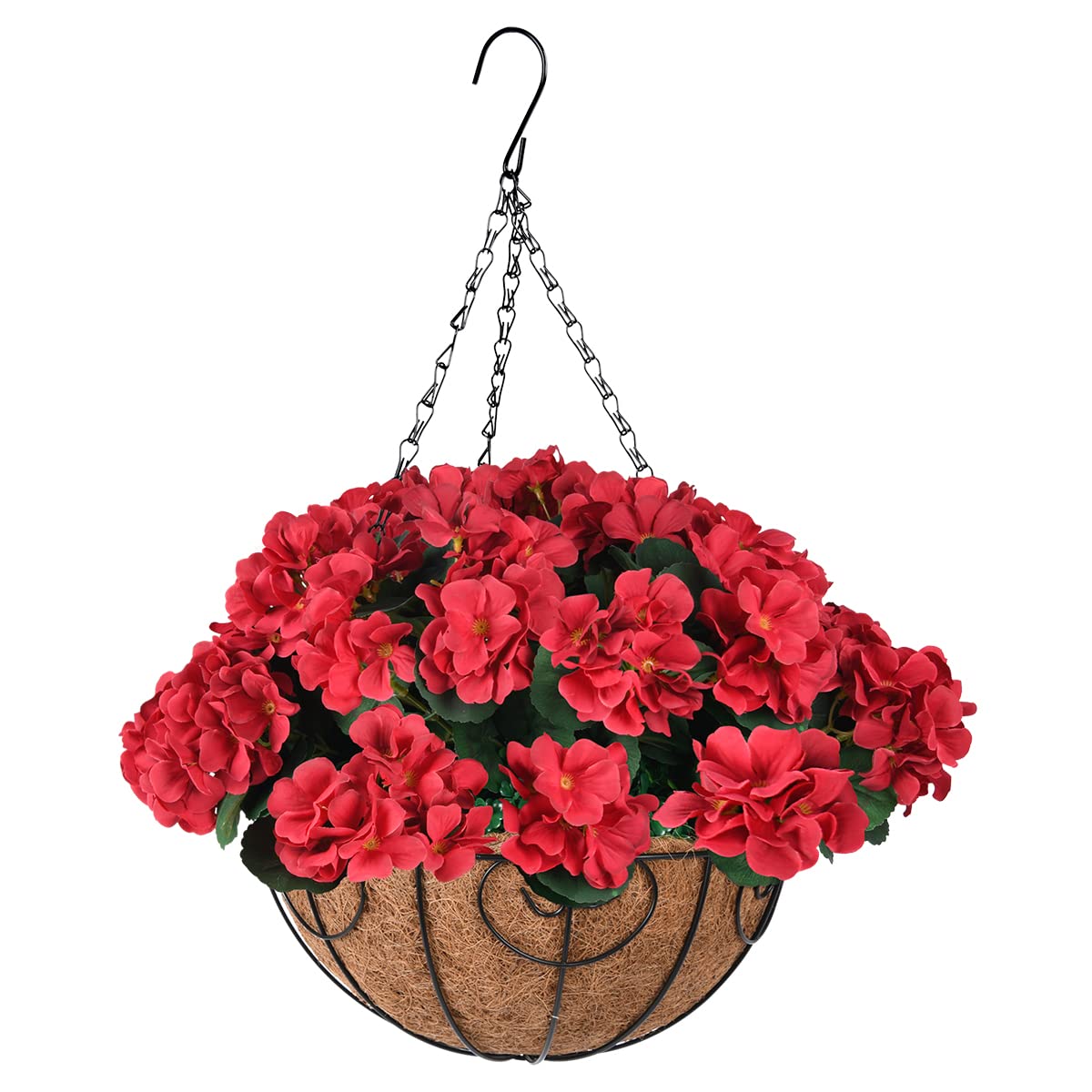 12'' Artificial Hanging Basket with Red Silk Begonia & Geranium Flowers - Outdoor/Indoor Decor for Patio, Lawn, Garden & Summer Parties