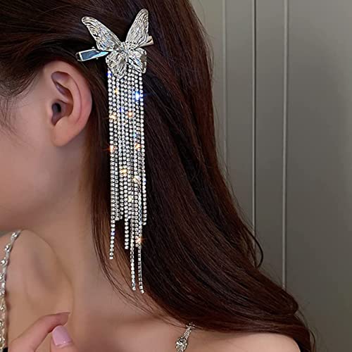 NGI STORE Silver Butterfly Tassel Hair Clips for Women - Crystal Rhinestone Metal Hairpins, Duckbill Barrettes & Bobby Pins - Perfect for Weddings, Parties & Everyday Hairstyles (Silver)