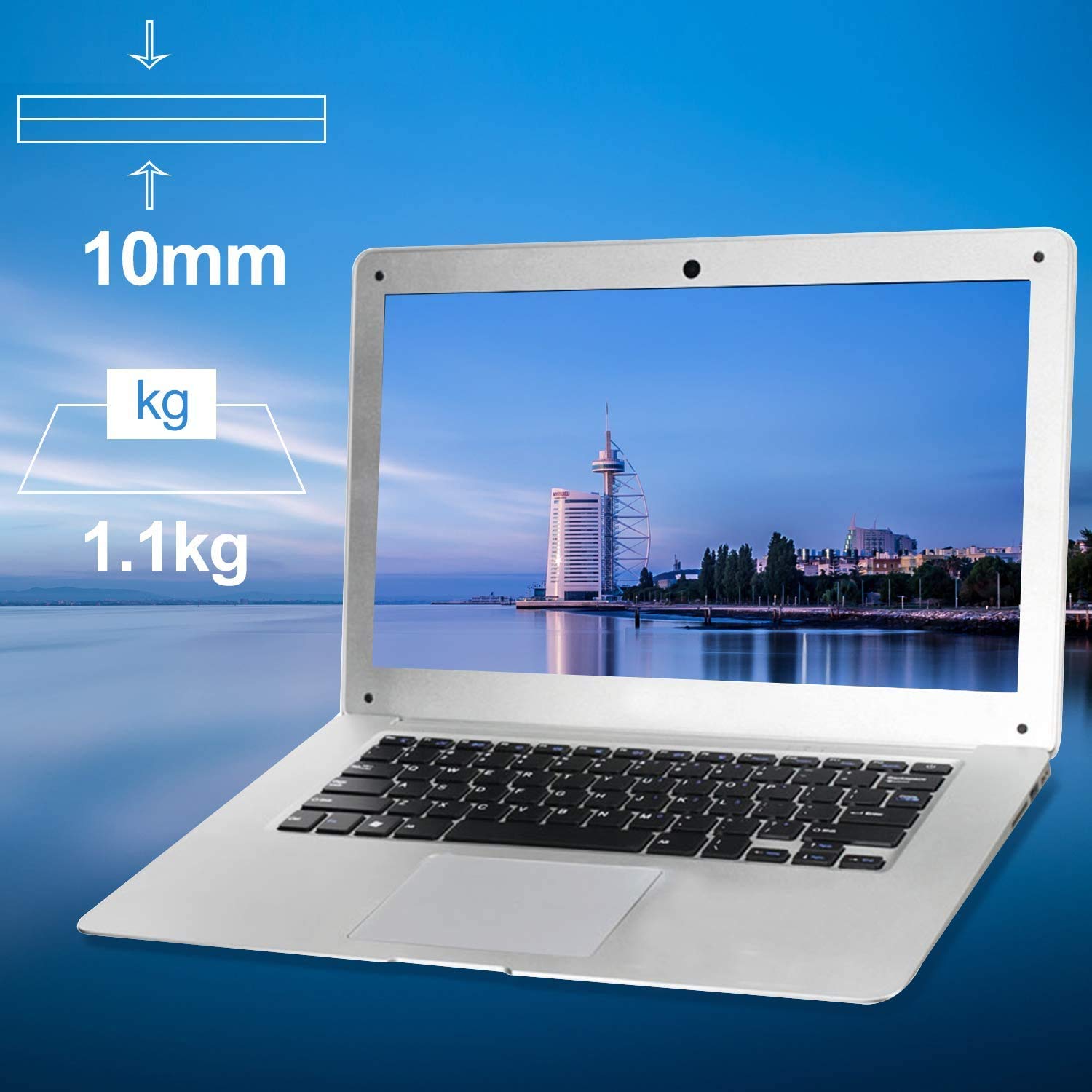 BlueBose HD 14 Inch Laptop - Windows 10 Home Notebook with Quad Core Atom Processor, 64GB eMMC Storage, 4GB RAM, USB 3.0 & HDMI Ports - Thin & Light Ultrabook PC (64GB Silver) - Perfect for Work, Study & Entertainment