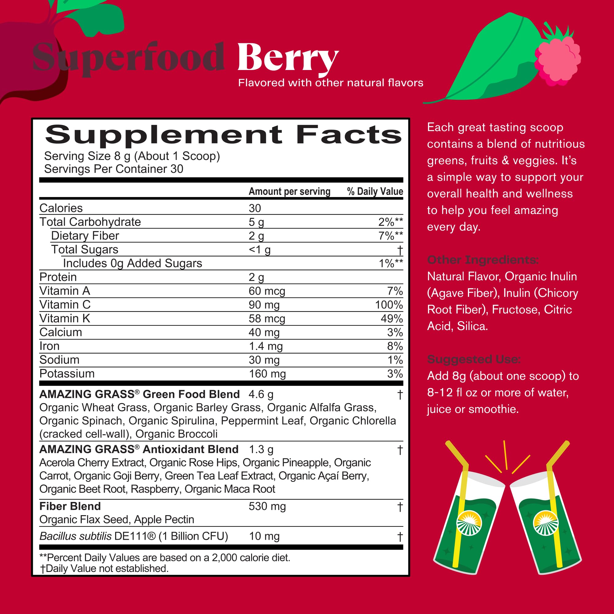 Organic Superfood Greens Powder with Digestive Enzymes & Probiotics - Spirulina, Chlorella, Beet Root - Berry Flavor, 30 Servings | Boost Energy, Detox & Digestion | Perfect for Smoothies, Juices & Daily Wellness Routine