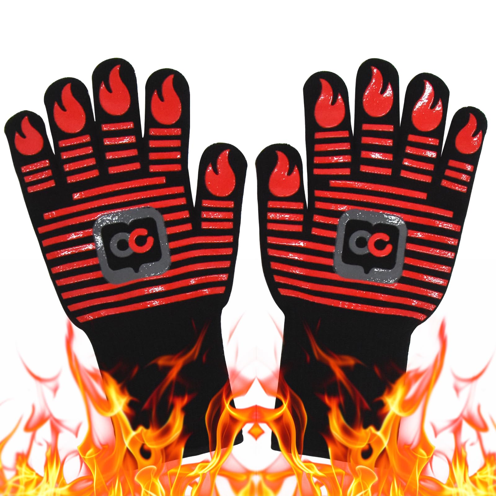 Heat Resistant BBQ Gloves - 1472°F High Temperature Grilling & Oven Gloves, Non-Slip Silicone Kitchen Gloves for Barbecue, Cooking, Baking, Meat Cutting - Perfect for Outdoor Grilling, Camping & Backyard Parties (Red)