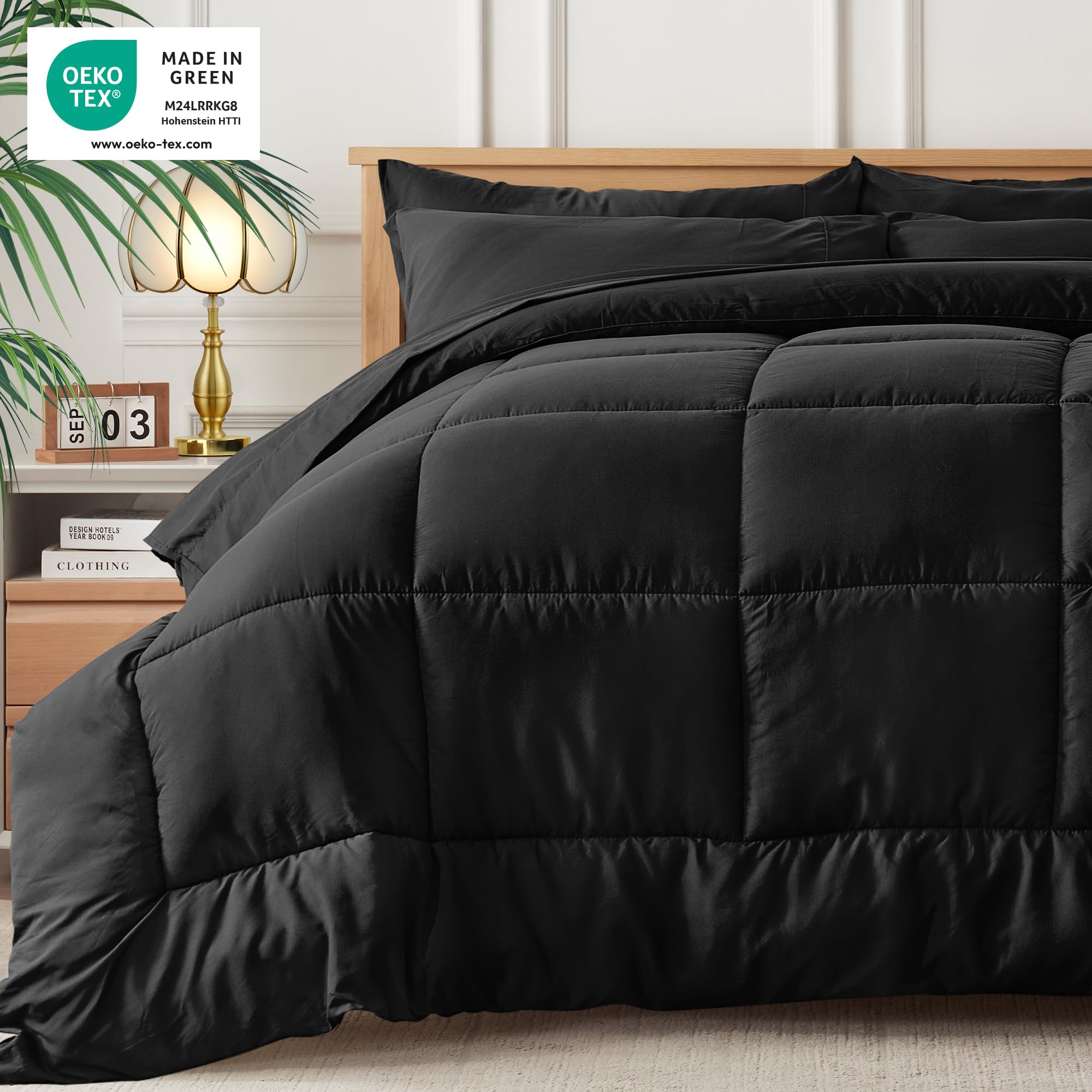 Newspin Twin Bed in a Bag - 5 Piece Black Comforter Set | Ultra Soft All Season Bedding Set Includes Comforter, Flat Sheet, Fitted Sheet & Pillowcases | Perfect for Guest Rooms, Dorms & Cozy Bedrooms