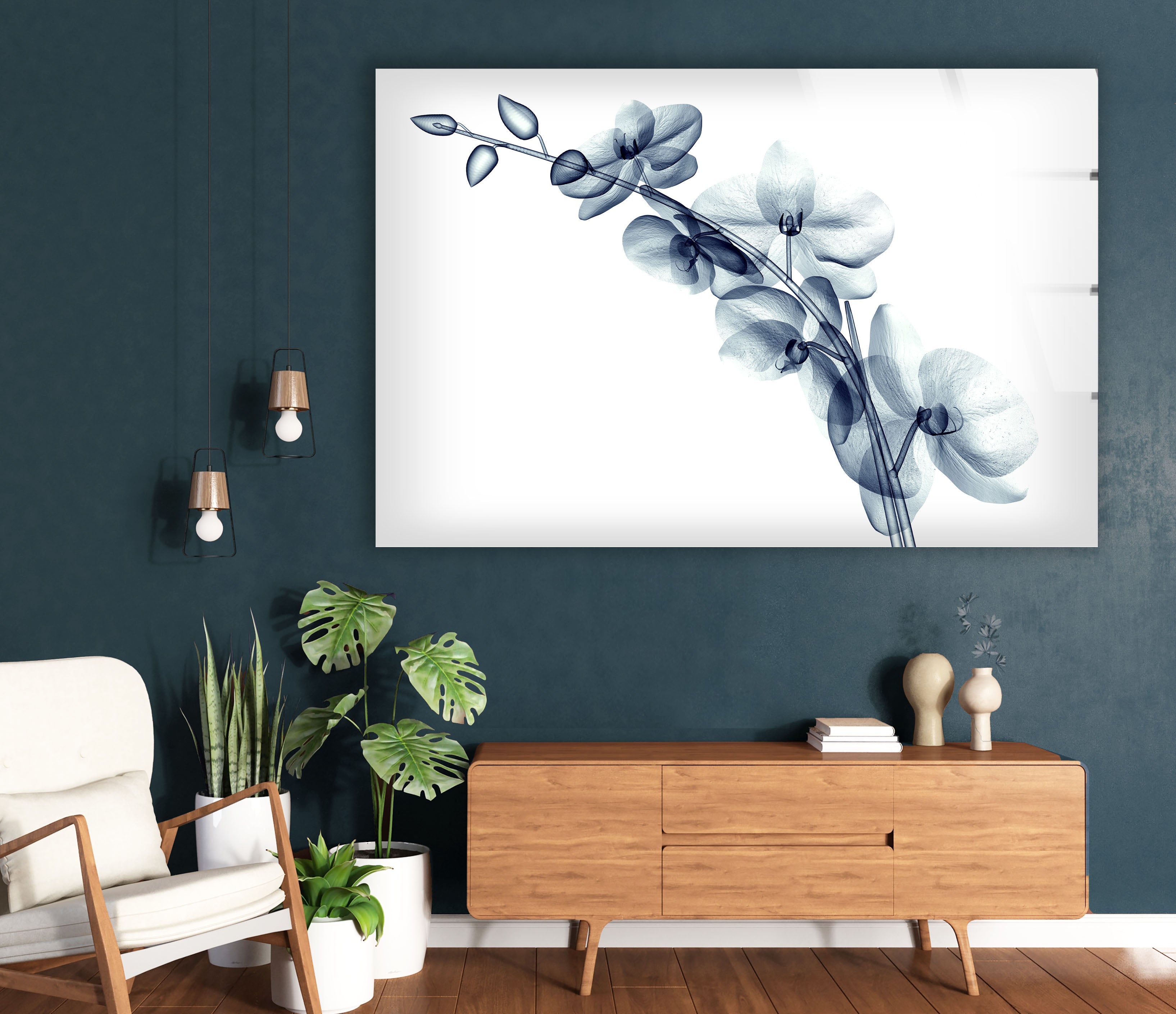 Blue Orchid Wall Art - Elegant Transparent Floral Glass Decor for Living Room, Bedroom & Office | Modern Home Decoration Gift Idea