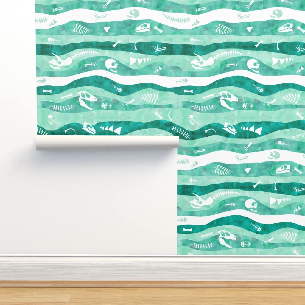 Removable Wallpaper Swatch - Vintage Dinosaur Bones Under Green Earth Watercolor Design | Pre-Pasted Peel & Stick Wallpaper by Spoonflower | Perfect for Nursery, Kids Room & Home Office Decor