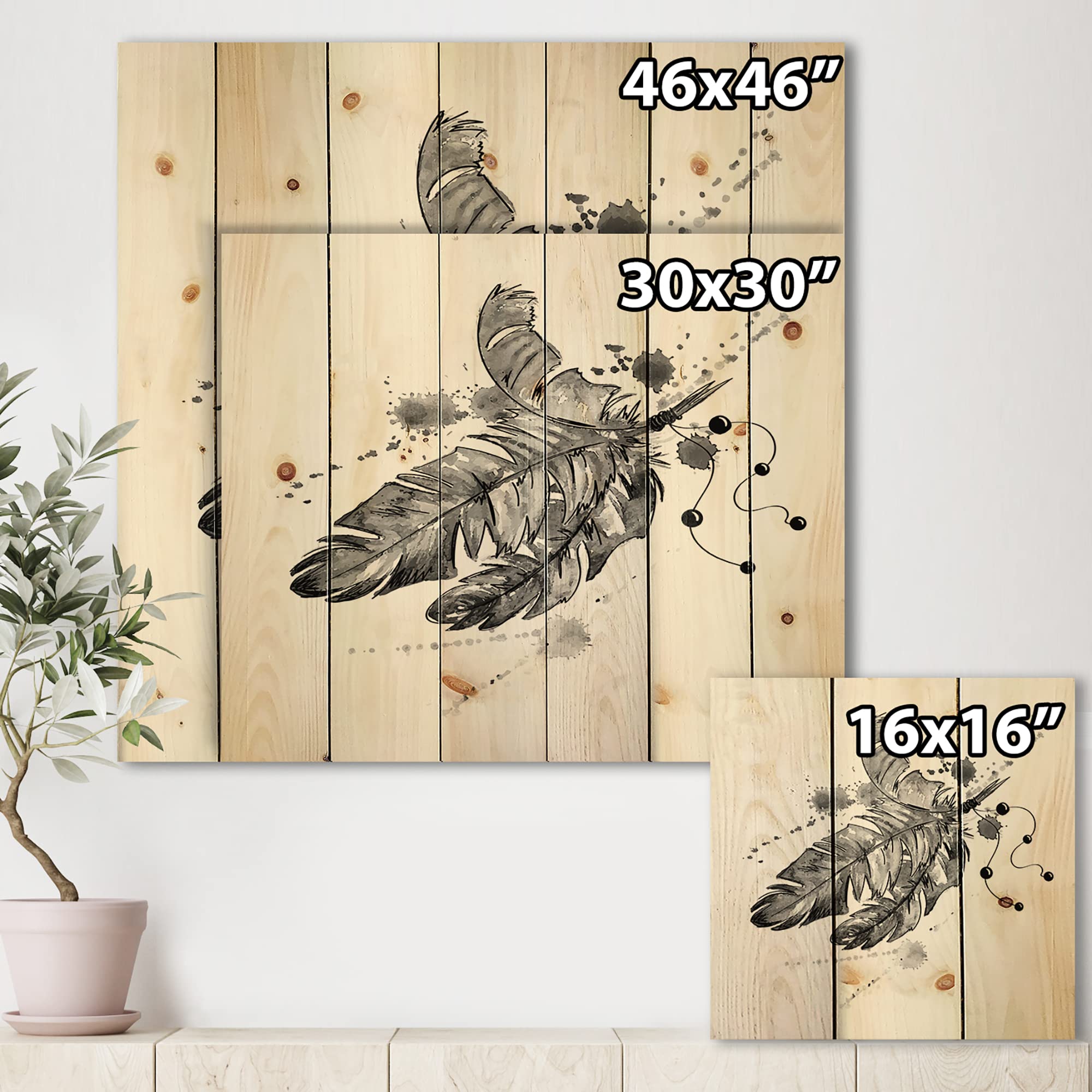 DesignQ Black Bird Feathers Traditional Wood Wall Art - Handcrafted Pine Wood Wall Decor with Animal Prints - Perfect for Living Room, Bedroom & Office Decor