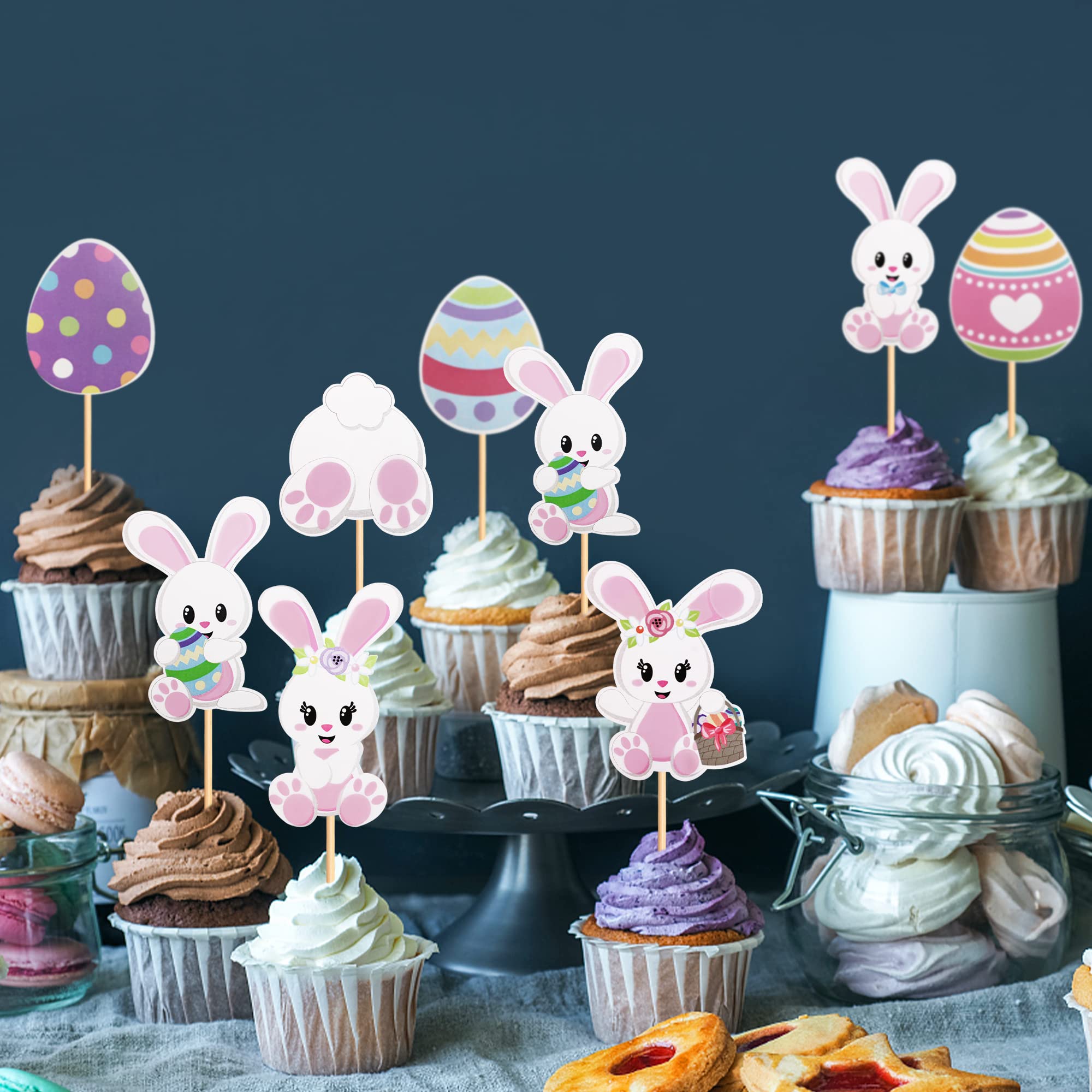 32 PCS Easter Bunny Cupcake Toppers - Cute Rabbit & Easter Egg Cake Decorations for Easter Party, Baby Shower, Spring Celebration (Bunny Back Design)