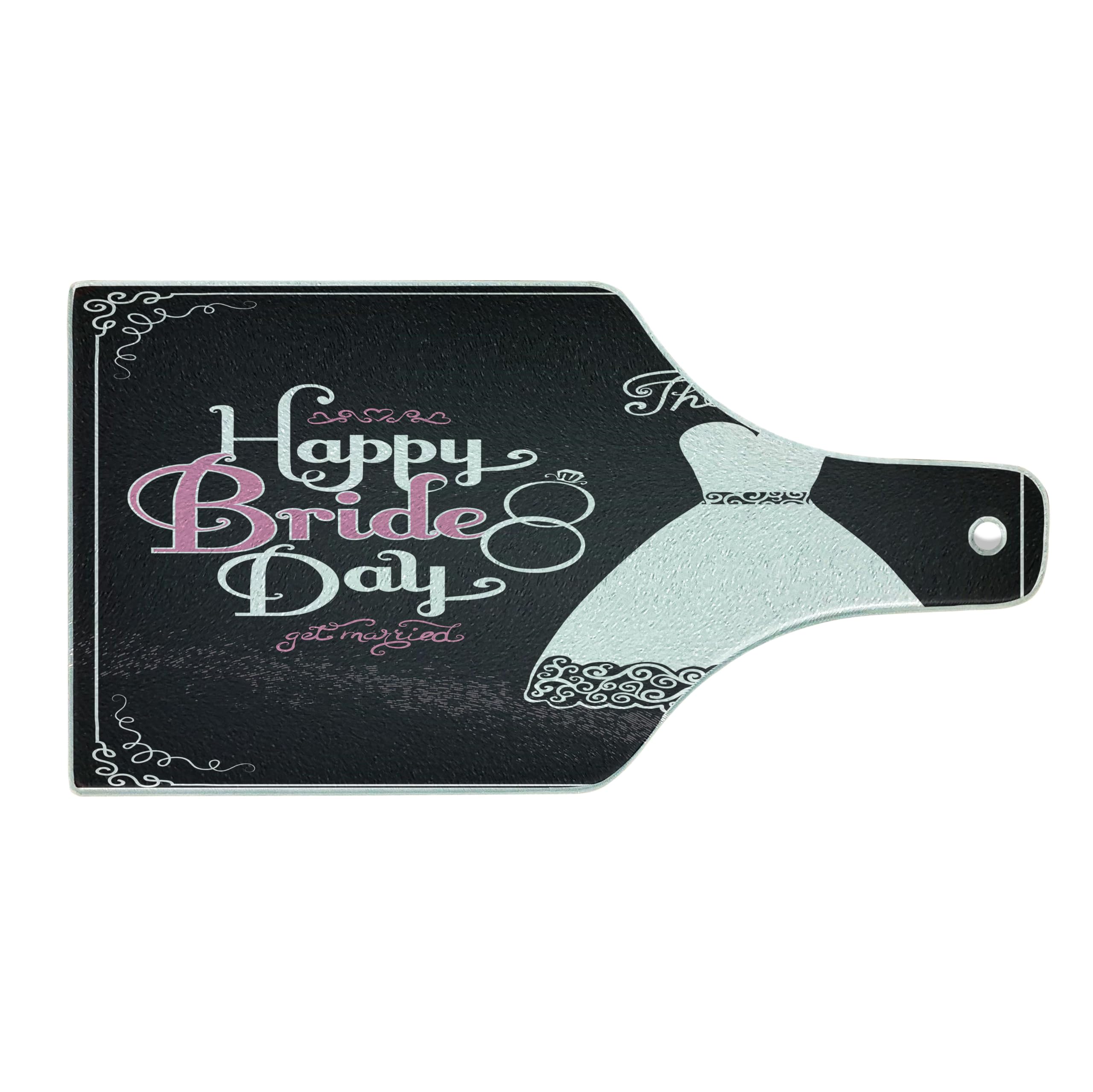 Ambesonne Wine Bottle Shaped Tempered Glass Cutting Board - Happy Bride Day Wedding Dress Swirls Art Print - Decorative Serving Board for Bridal Showers, Kitchen & Party Use - Black White & Pink Design