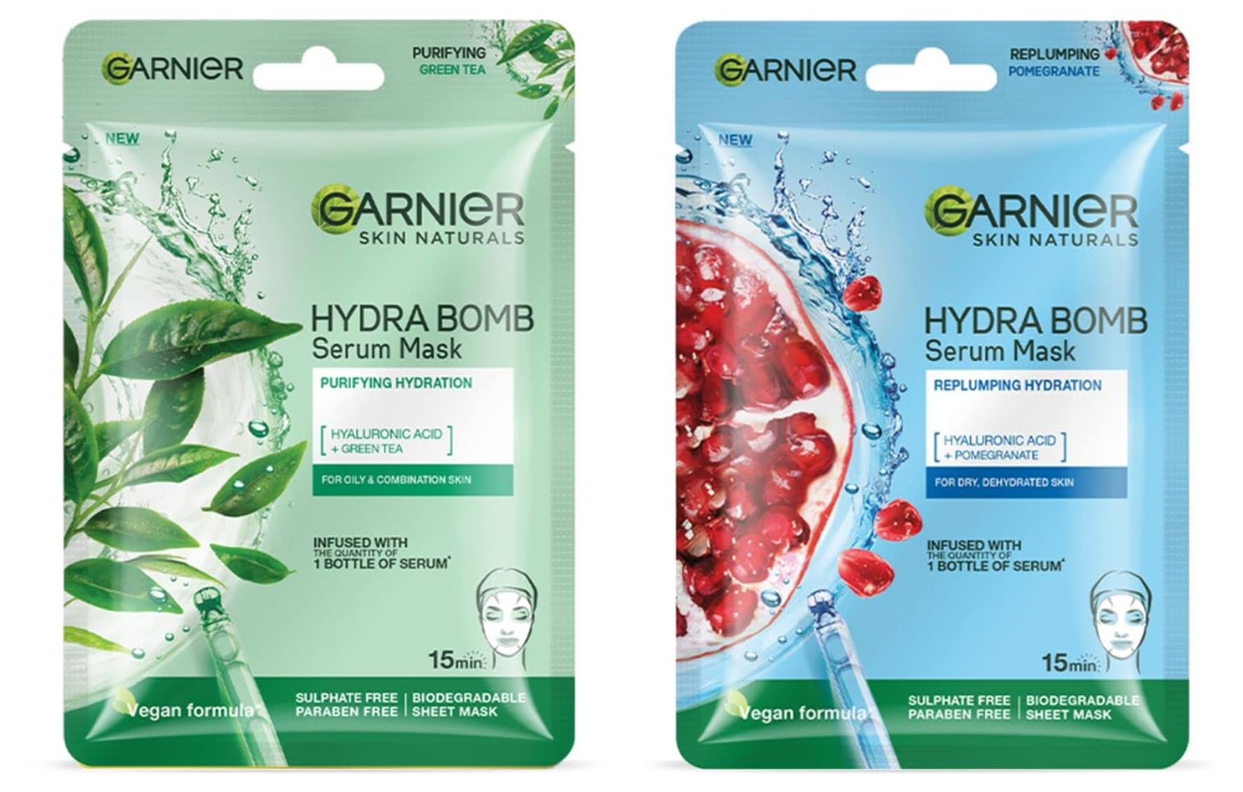 Garnier Skin Naturals Hydra Bomb & Green Tea Face Serum Sheet Masks (Blue & Green) 32g - Hydrating & Detoxifying Skincare for Glowing Skin - Perfect for Daily Use, Spa Nights & Travel Skincare Routine