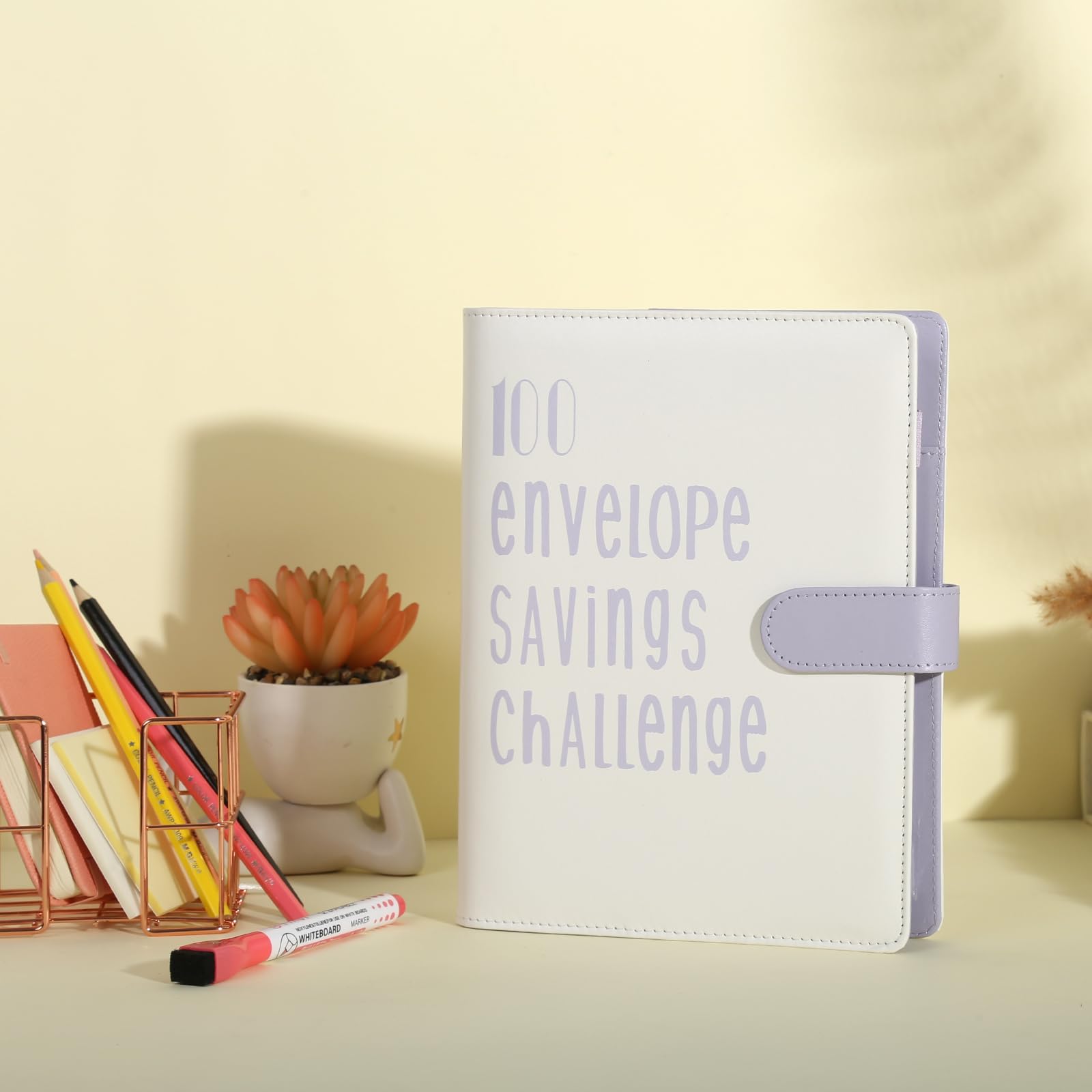 ONEDONE A5 Money Saving Challenge Binder - 100 Cash Envelopes with Erasable Marker for $5,050/$10,000 Savings Goals (White & Purple) - Perfect for Budget Planning, Financial Tracking, and Personal Finance Organization