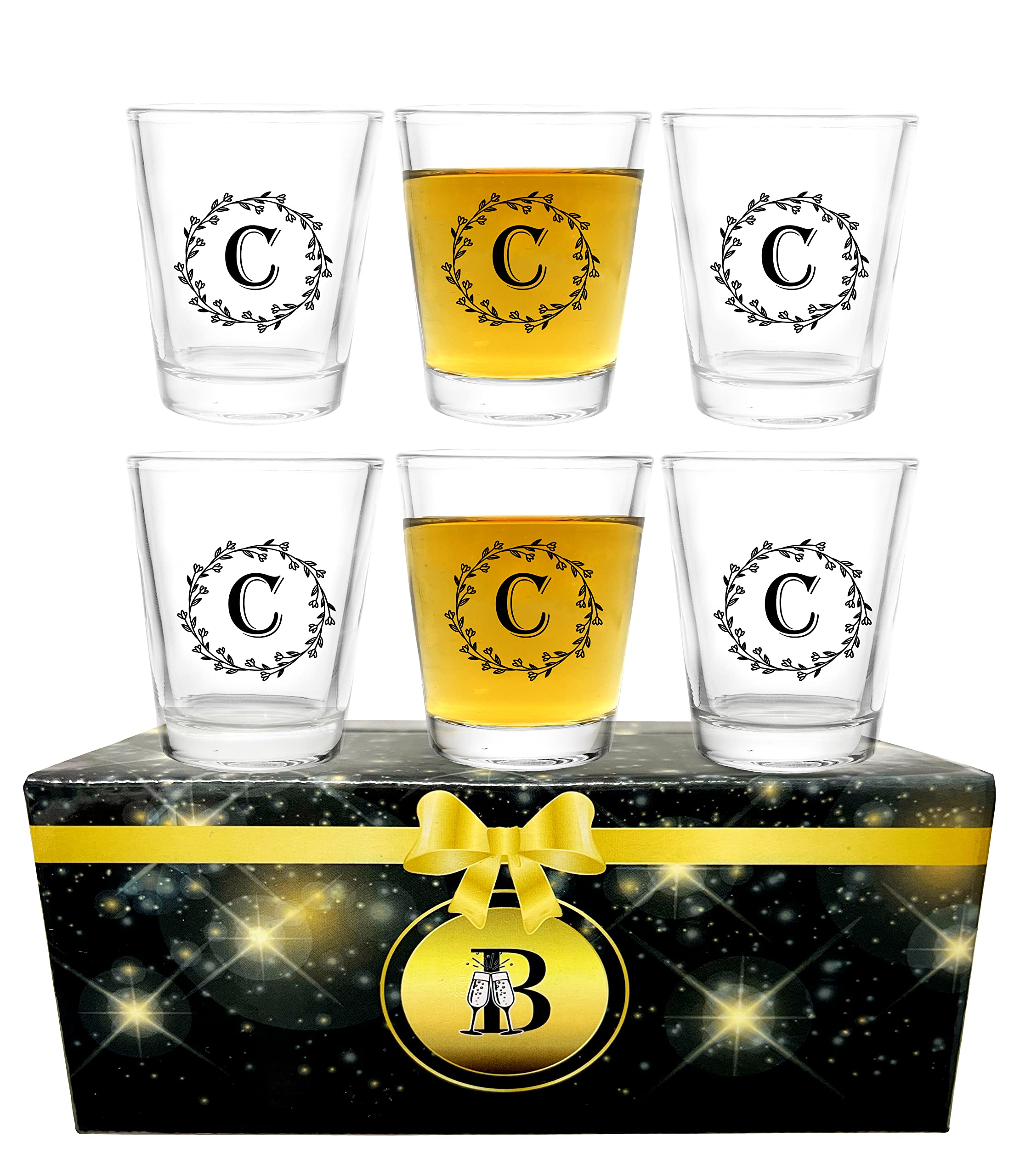 Personalized Monogrammed Shot Glass Set of 6 - 2oz Letter C Custom Engraved Whiskey Glasses - Unique Christmas Gifts for Couples, Wedding Presents & Holiday Party Favors - Perfect for Cocktail Nights, Bachelor Parties & Home Bar Decor