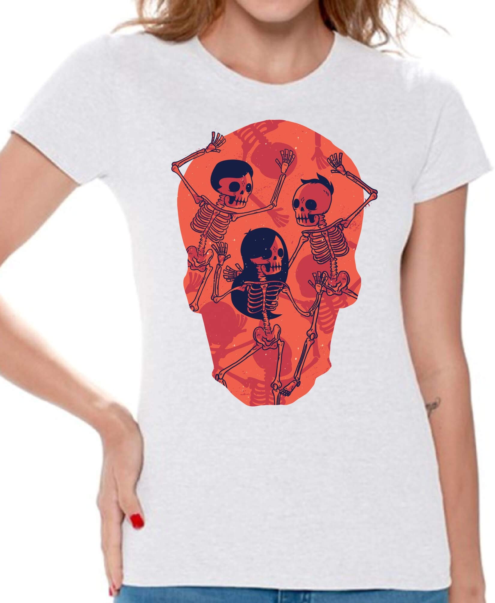 Awkward Styles Women's Skull Print T-Shirt - Gothic Dancing Skeletons Graphic Tee for Casual Wear & Halloween Costume