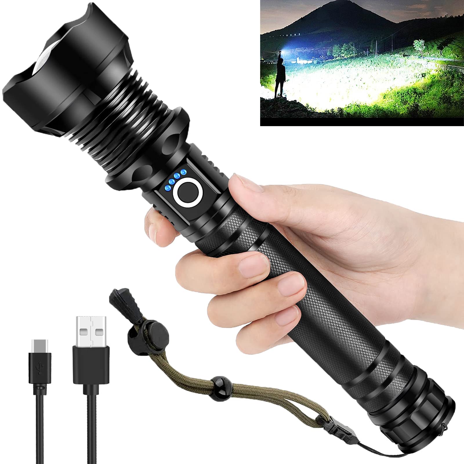 Rechargeable LED Flashlight 990000 Lumens Super Bright Tactical XHP90 Flashlight with 5 Modes & Zoomable - Military Grade Waterproof for Emergency, Camping, Hiking, Hunting, Power Outages & Outdoor Adventures
