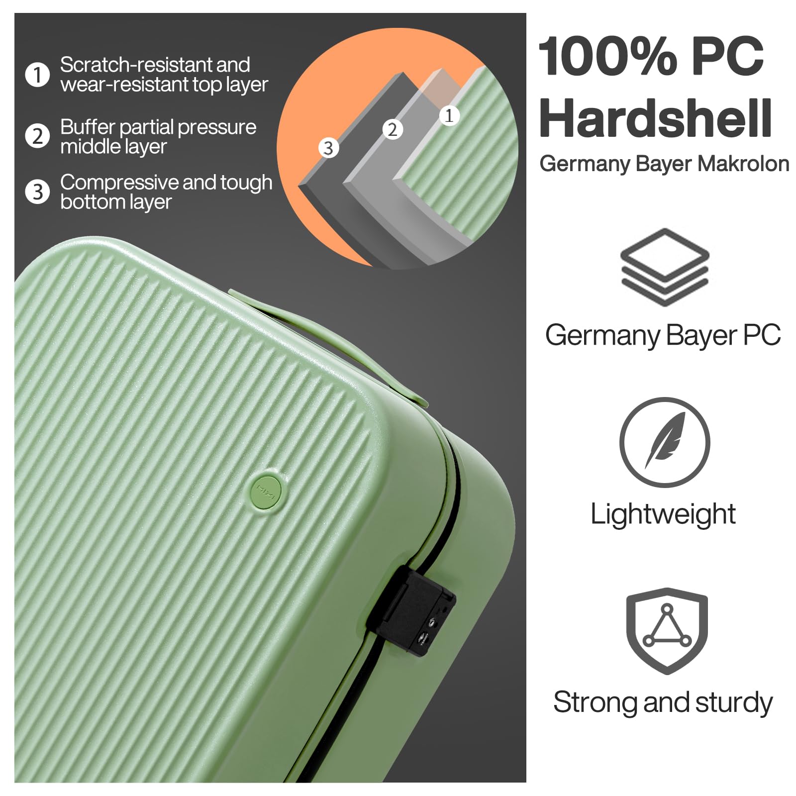 Mixi 20 Inch Hardside PC Suitcase with Spinner Wheels & TSA Lock - Lightweight Carry On Luggage for Travel (Avocado Green) - Perfect for Business Trips, Weekend Getaways & Airplane Overhead Bin Storage