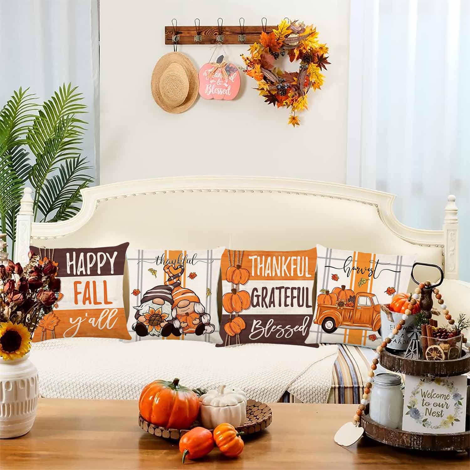 ONFAON Fall Pillow Covers 18x18 Set of 4 - Autumn Thanksgiving Home Decor Cushion Cases for Couch, Sofa & Living Room - Cozy Seasonal Decorations for Fall Harvest, Halloween & Thanksgiving Gatherings