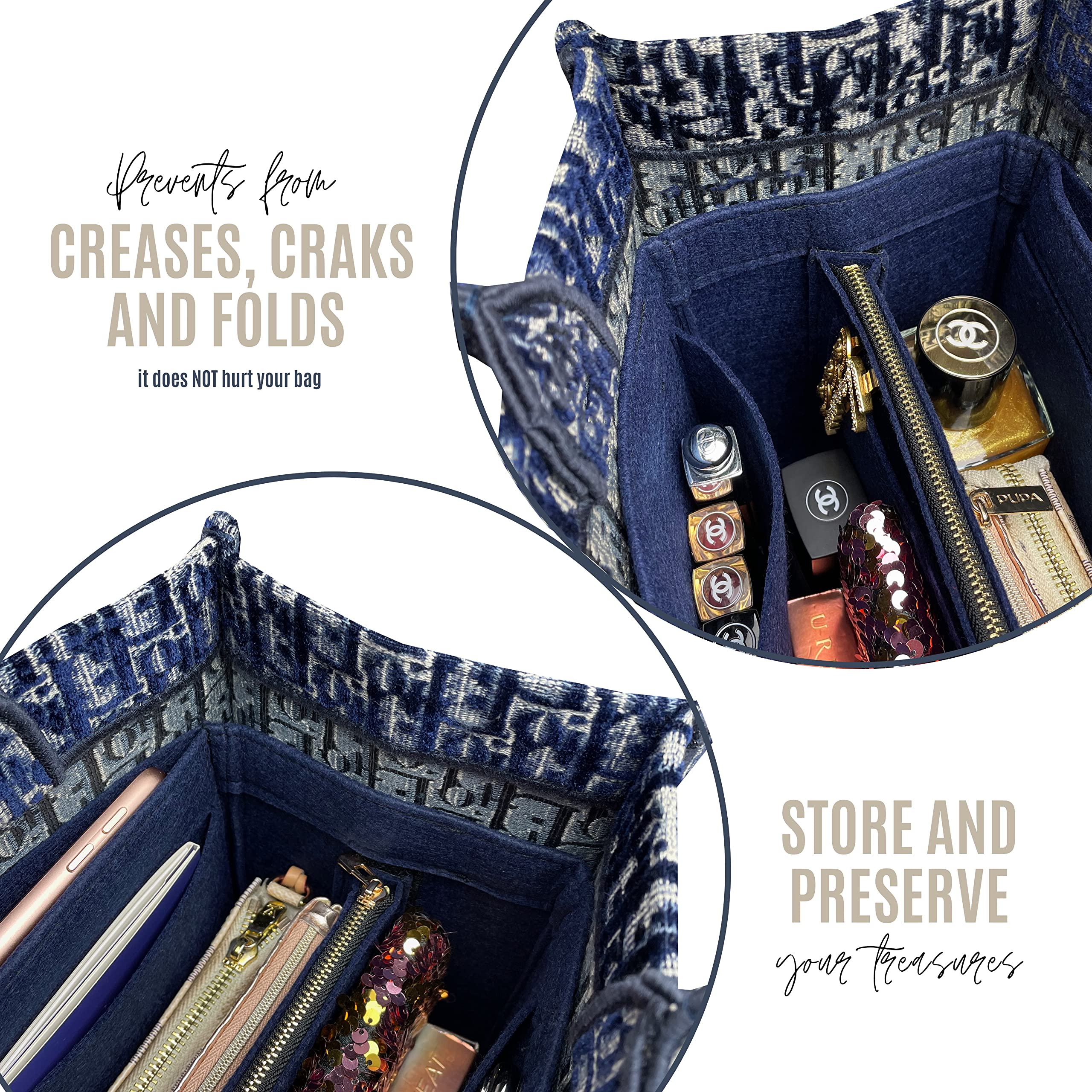 Book Tote Organizer Insert - Medium & Small Size for Perfect Fit | Large Book Tote Bag Organizer (Navy Blue) | Ideal for Work, Travel & Daily Essentials Storage