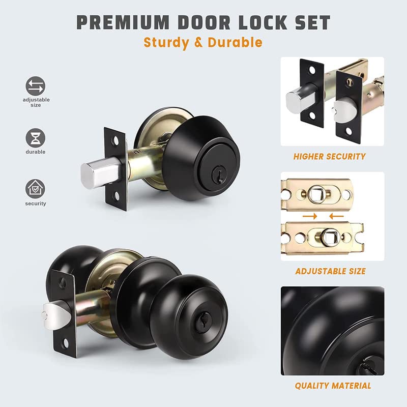 KNOBWELL Black Keyed Entry Door Knob with Deadbolt Set - Secure Front Door Lock for Home & Office