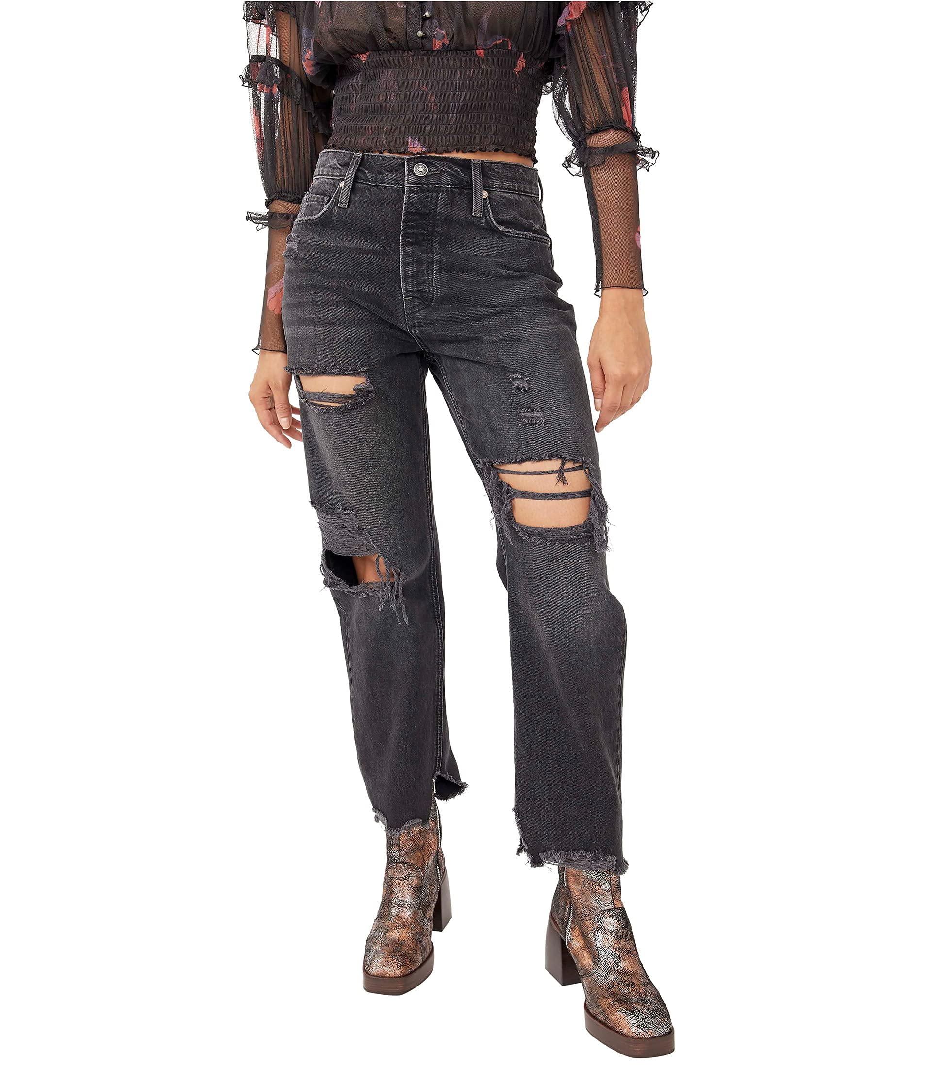 Free People Tapered Baggy Boyfriend Jeans in Obsidian - Size 31 | Distressed Denim Pants for Women | Casual Streetwear & Everyday Comfort