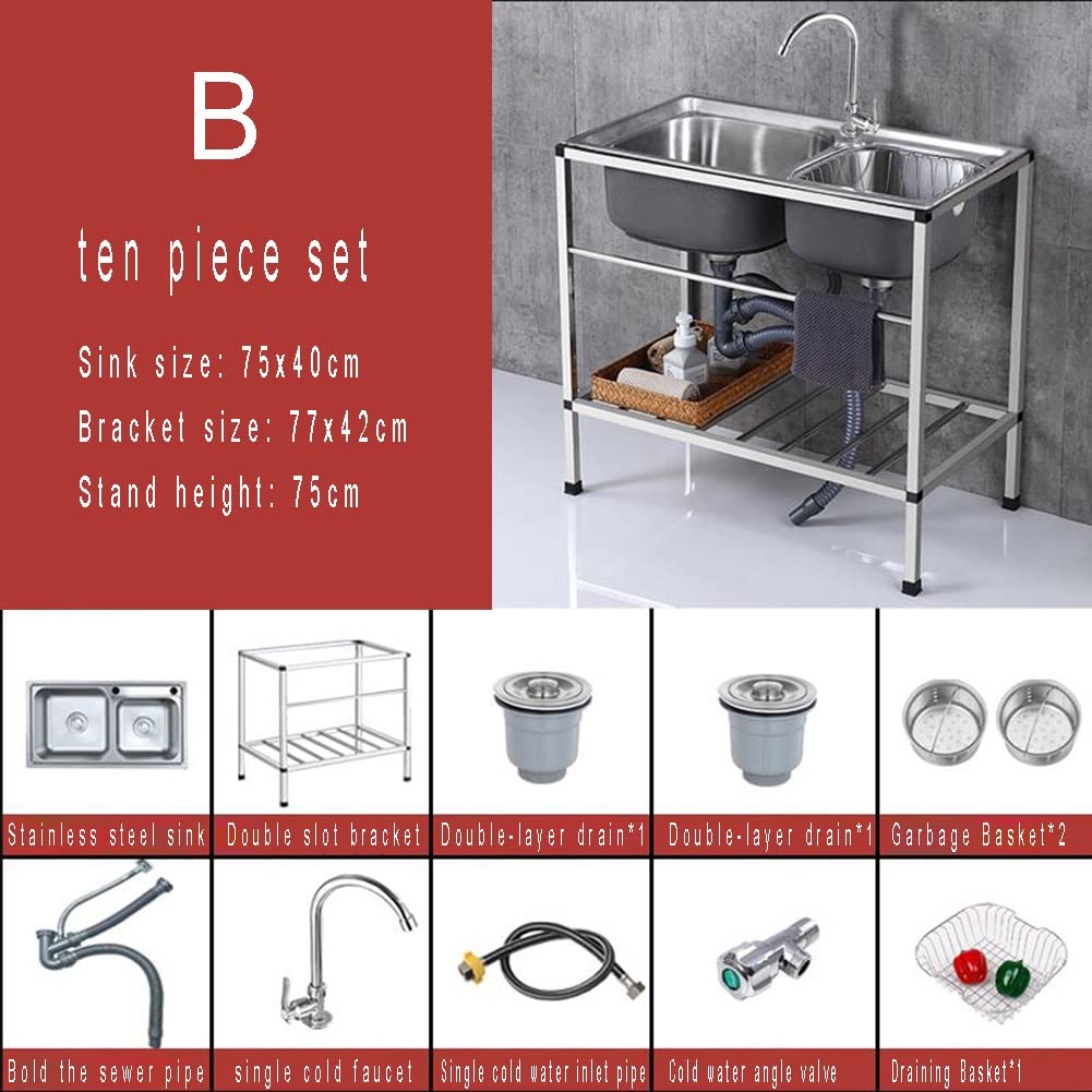 Stainless Steel Double Bowl Utility Sink with Stand, Faucet & Drain - 75x40x75cm Freestanding Kitchen Sink for Bar, Restaurant, Outdoor & Home Use - Silver-B Color