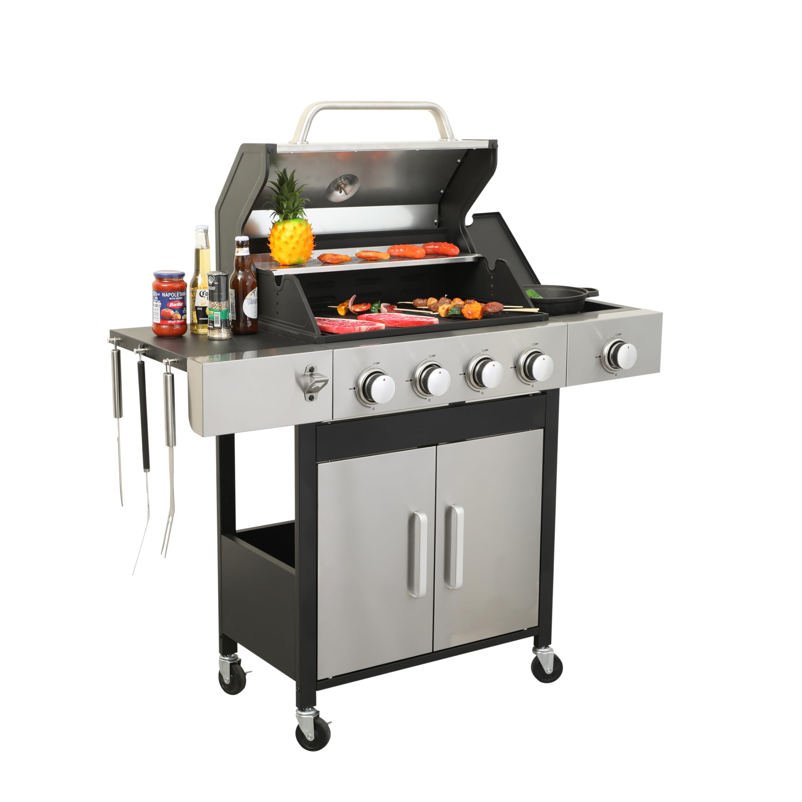 2 in 1 Outdoor Propane Griddle Grill Combo - 4-Burner Gas BBQ Grill with Side Burner & Porcelain-Enameled Cast Iron Grate (46,790 BTU) - Perfect for Camping, Backyard, Patio, Tailgating & Outdoor Cooking