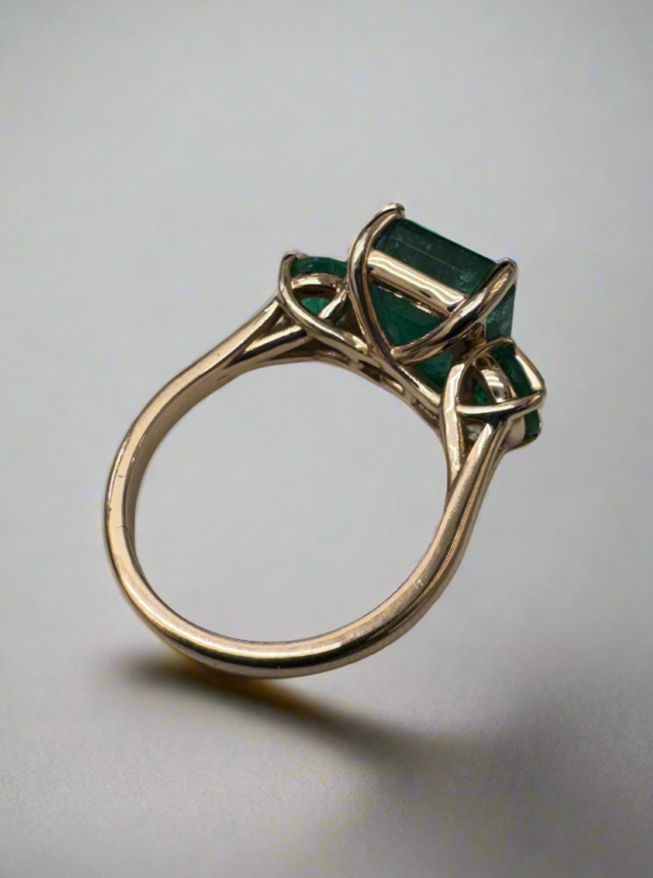 6.90tcw Natural Emerald Gemstone - Emerald Cut & Round Cut Three Stone 14K Rose Gold Engagement Ring for Women | Elegant Wedding, Anniversary & Proposal Jewelry Gift