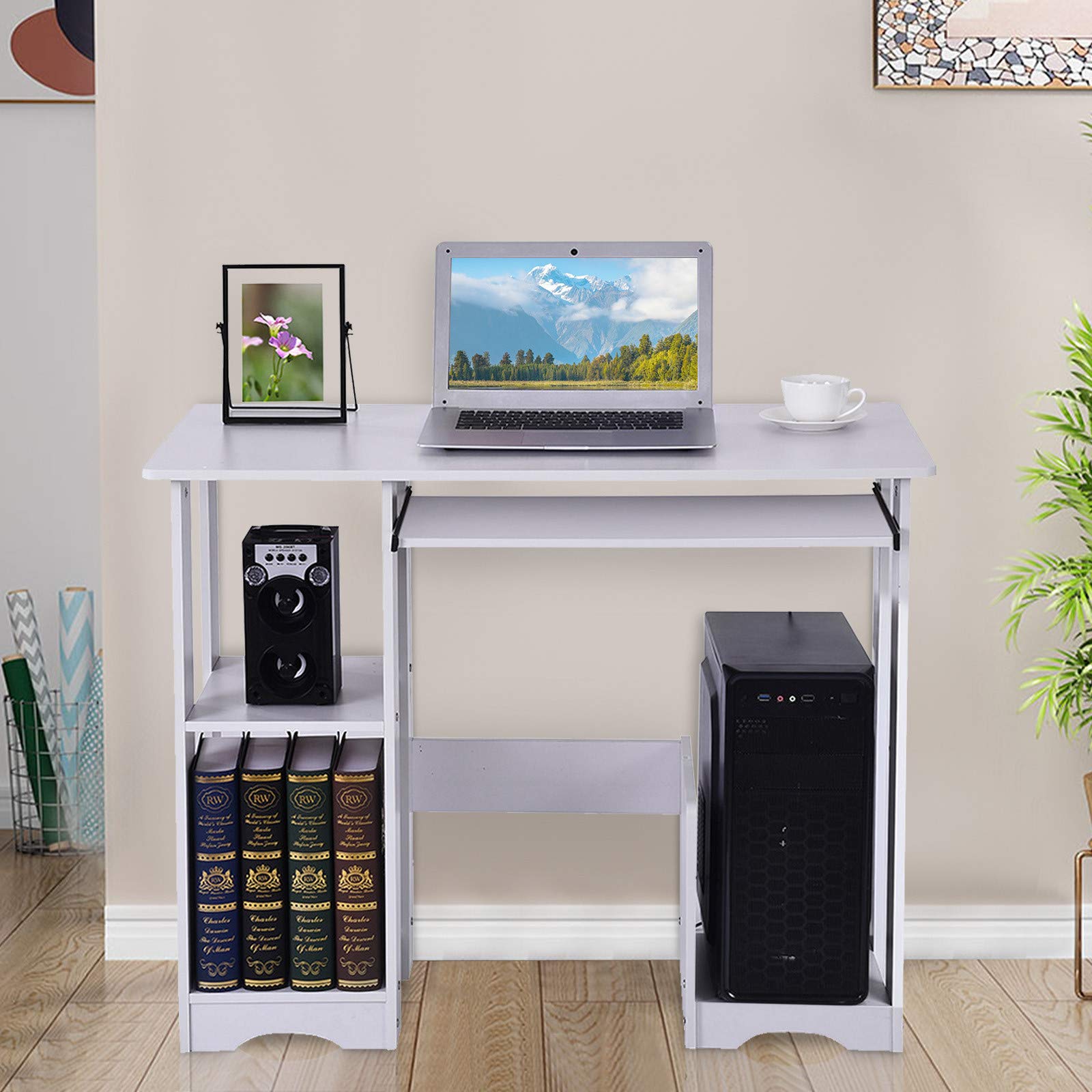 White Home Office Computer Desk with Shelves & Drawer - Compact Laptop Desk for Small Spaces | Perfect for Remote Work, Study & Gaming (Square Side Shelves, Keyboard Tray Included)