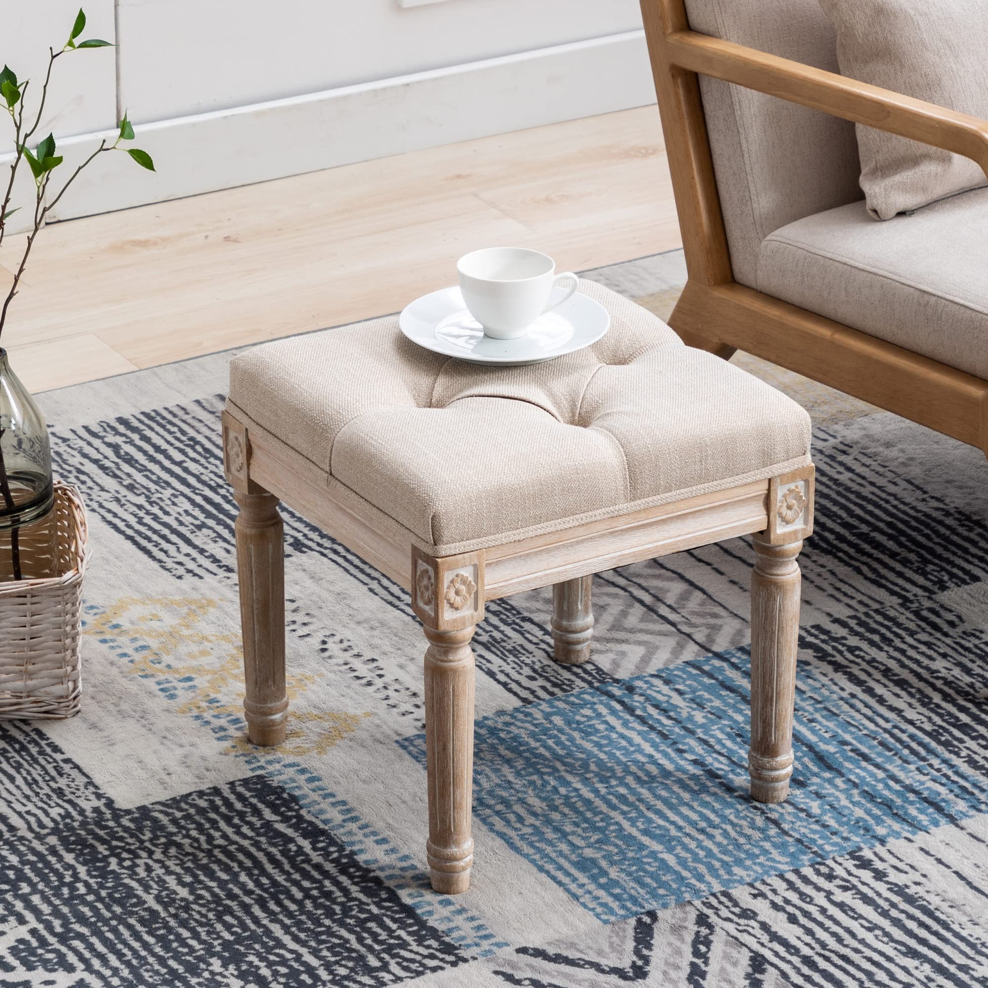 French Vintage Entry Bench - Linen Fabric Foot Stool Small Ottoman Seat with Wood Legs - Vanity Chair for Piano, Entryway, Bedroom, Living Room & Hallway - Perfect for Home Decor, Sitting & Storage (Beige)